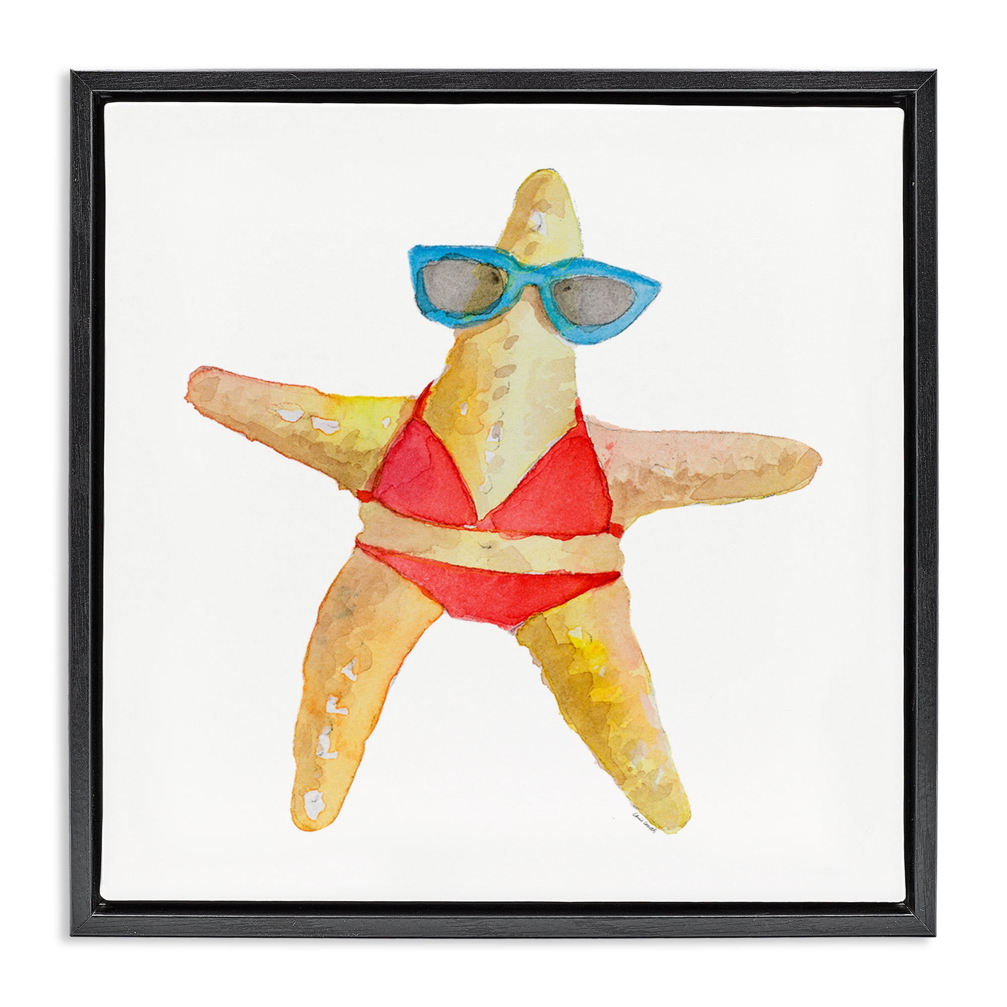 Stupell Industries Fun Swimsuit Starfish Novelty Painting Black Floater Framed Canvas Art Print Wall Art, 18 x 18