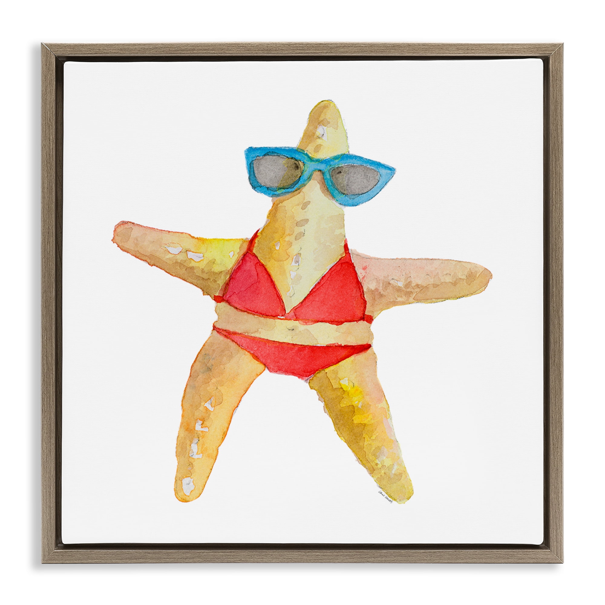 Stupell Industries Fun Swimsuit Starfish Novelty Painting Brown Floater Framed Canvas Art Print Wall Art, 25 x 25