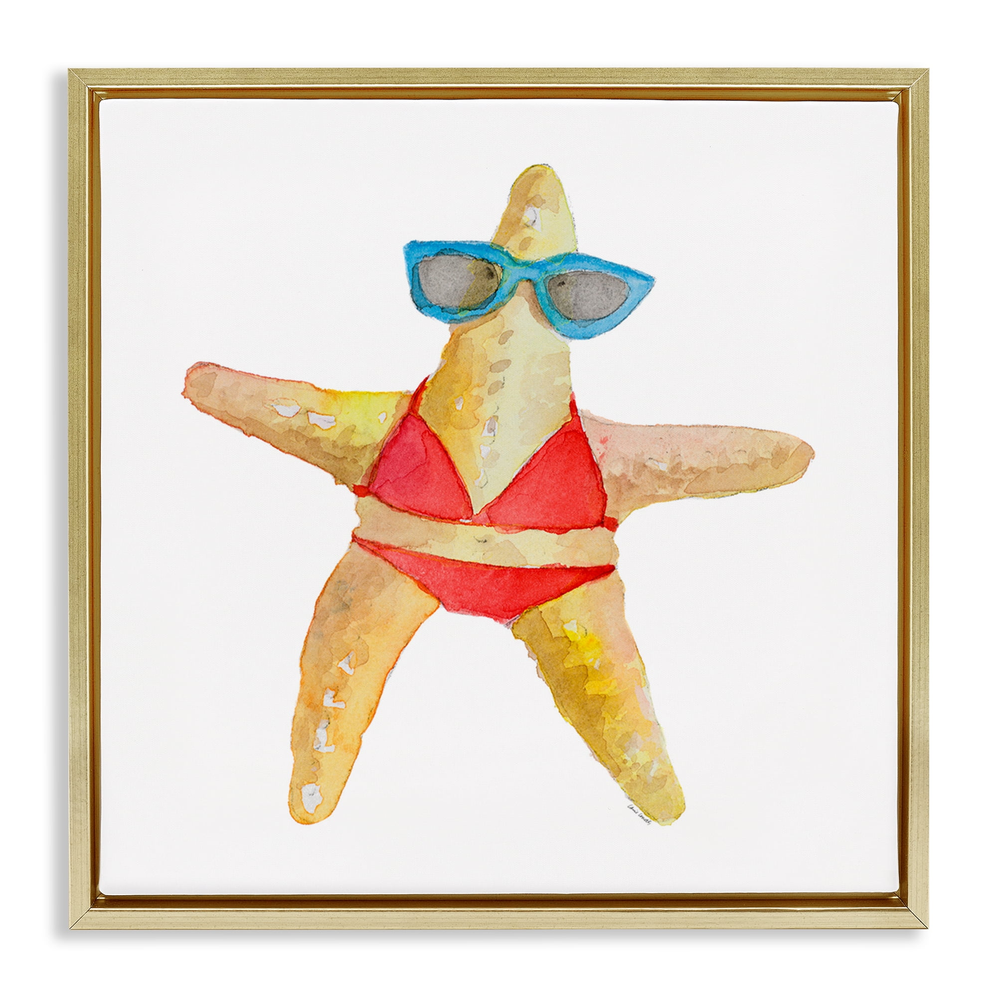 Stupell Industries Fun Swimsuit Starfish Novelty Painting Gold Floater Framed Canvas Art Print Wall Art, 18 x 18