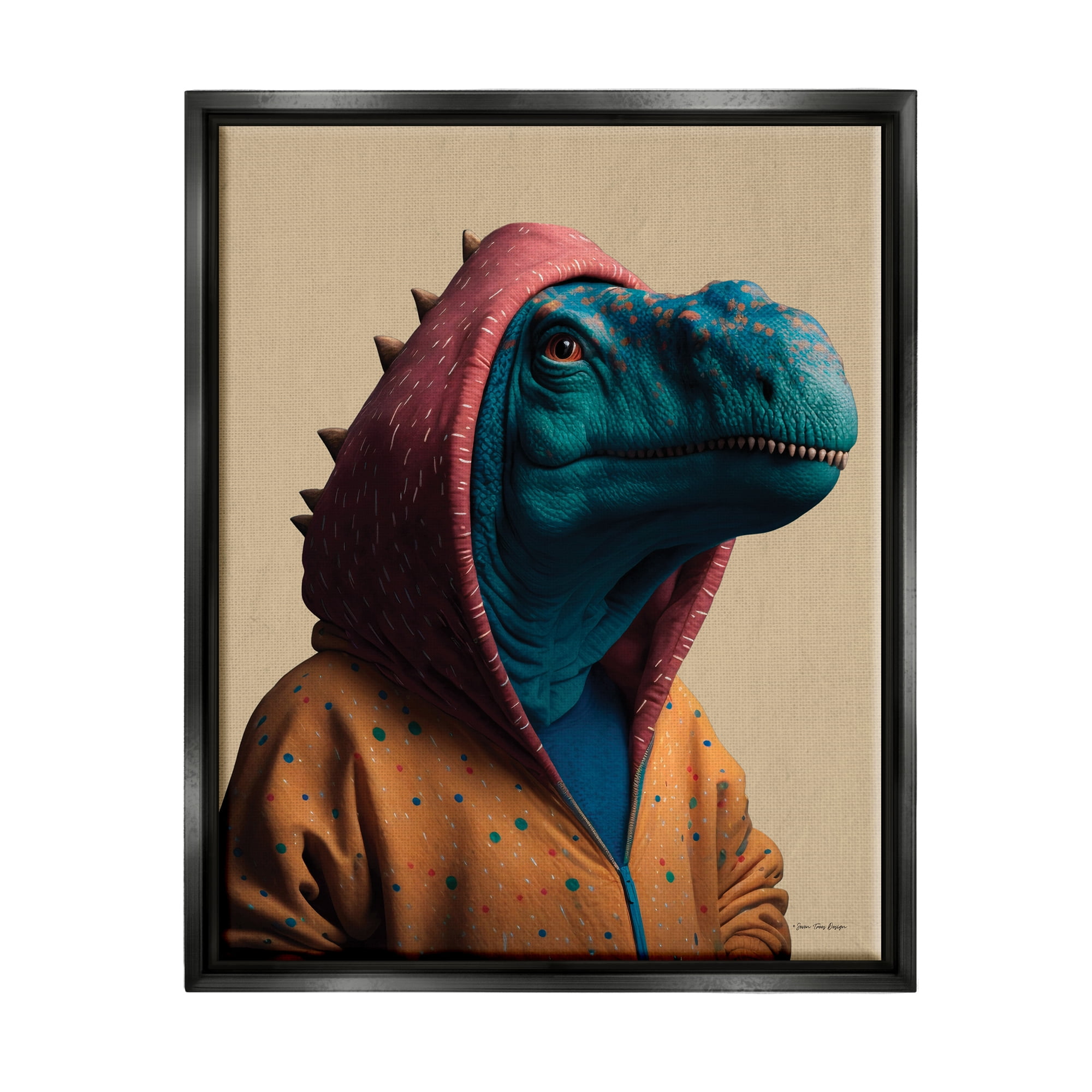Stupell Industries Fun T-Rex in Hoodie Animals & Insects Painting Black Floater Framed Canvas Art Print Wall Art, 25 x 31