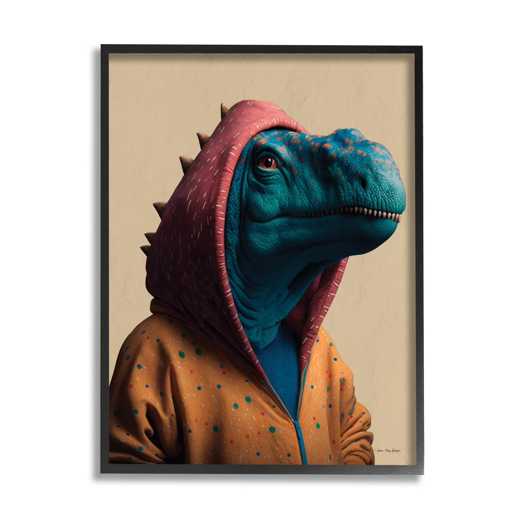 Stupell Industries Fun T-Rex in Hoodie Animals & Insects Painting Black Framed Art Print Wall Art, 16 x 20