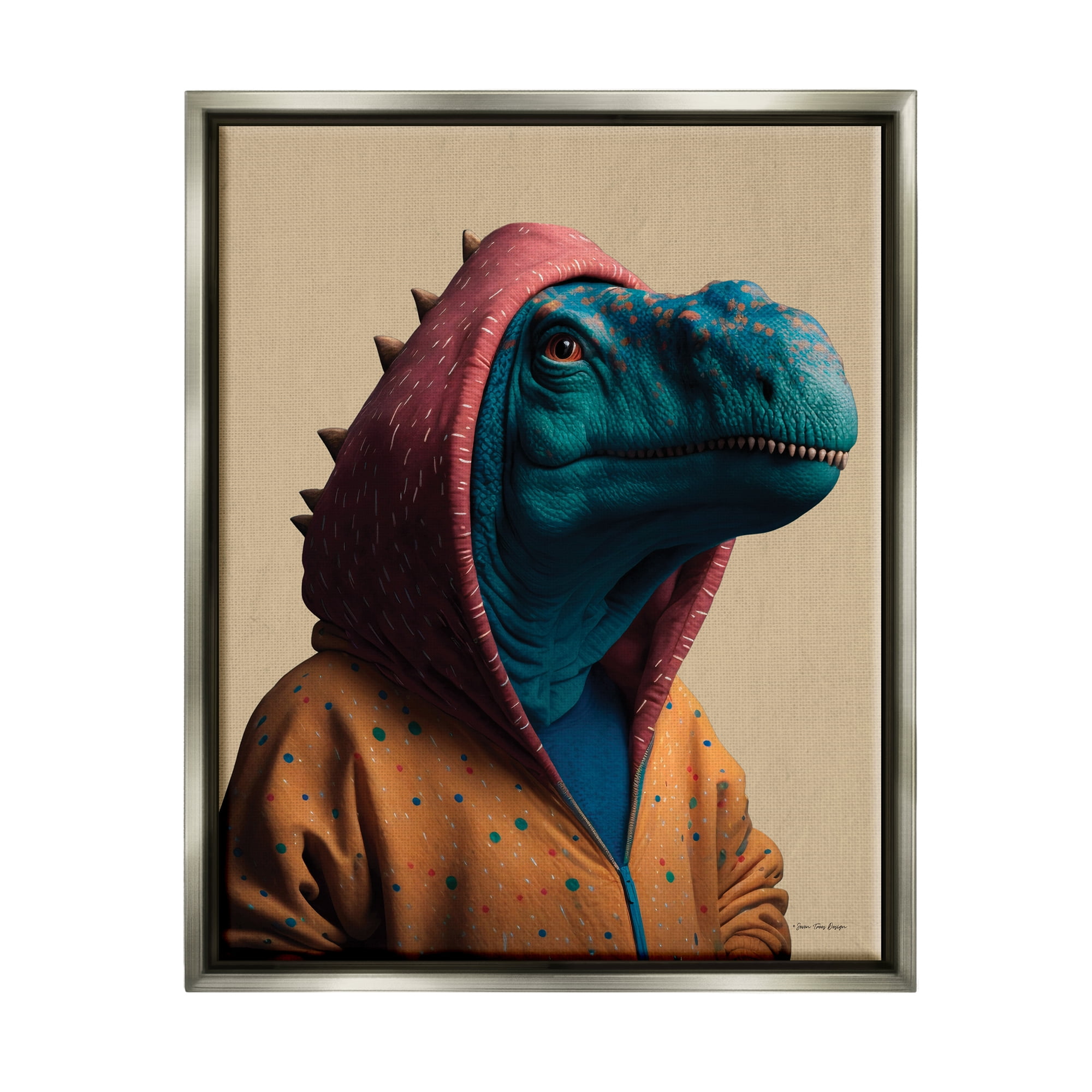 Stupell Industries Fun T-Rex in Hoodie Animals & Insects Painting Gray Floater Framed Canvas Art Print Wall Art, 25 x 31