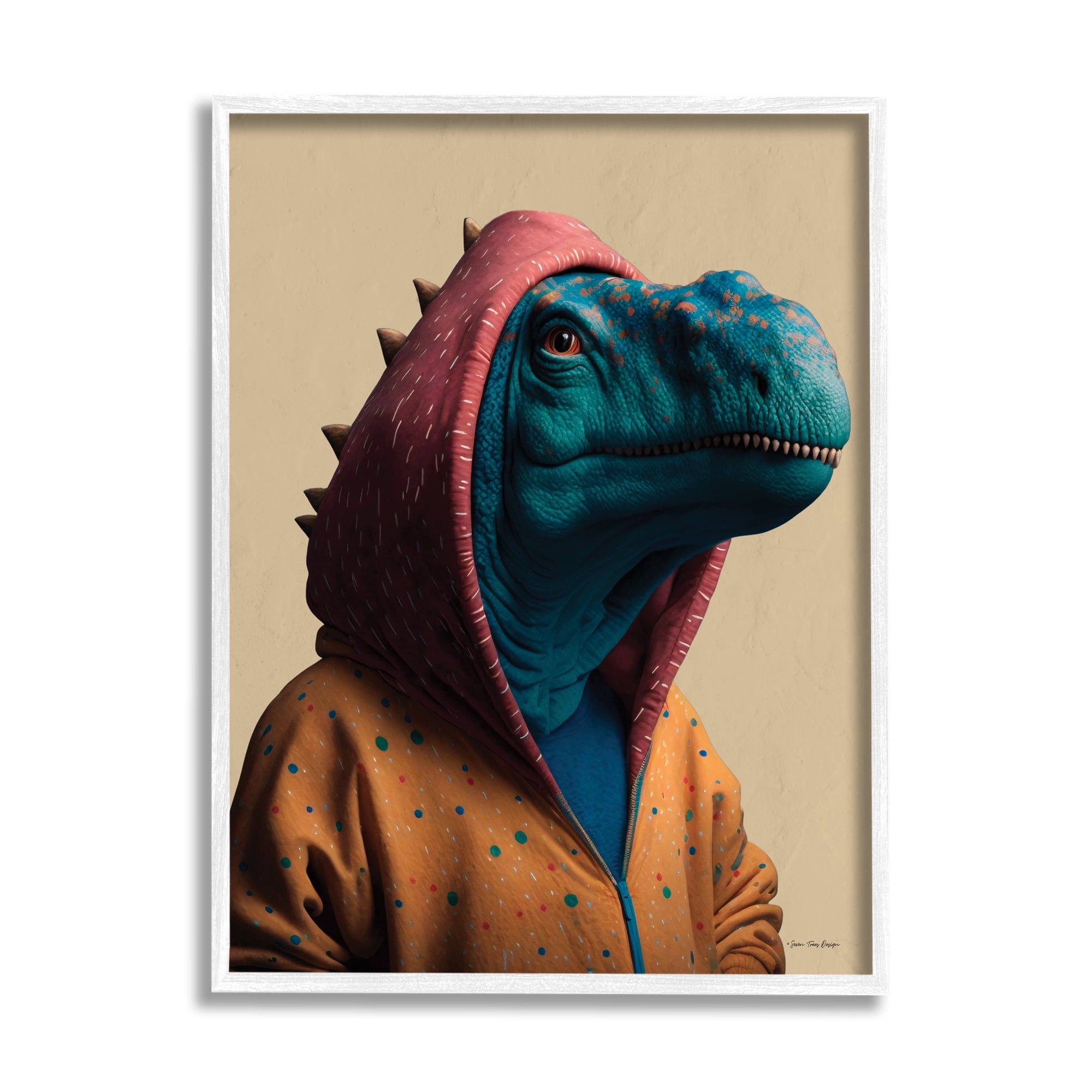 Stupell Industries Fun T-Rex in Hoodie Animals & Insects Painting White Framed Art Print Wall Art, 11 x 14