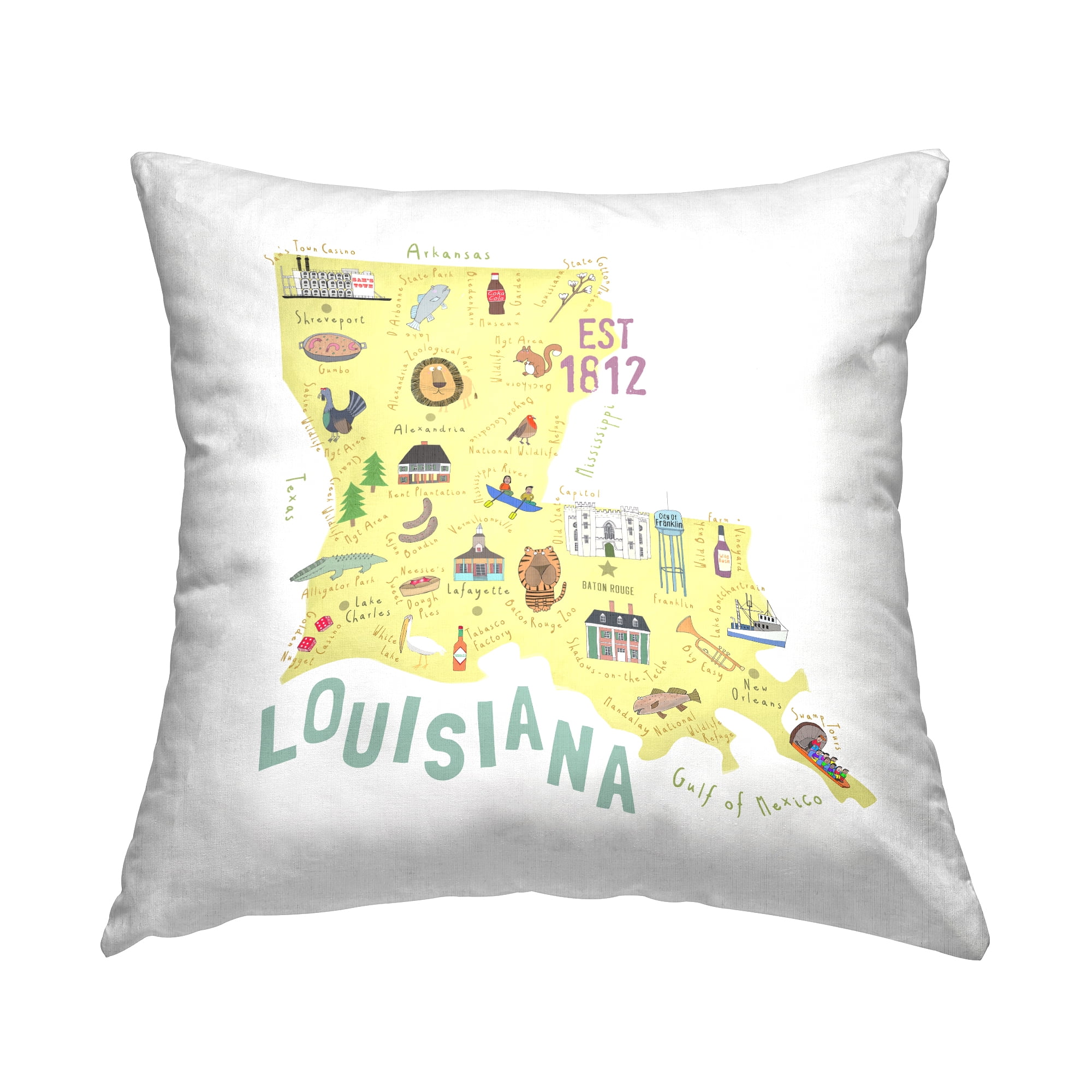 Stupell Industries Fun Yellow Louisiana State Map Square Decorative Printed Throw Pillow, 18 x 18,