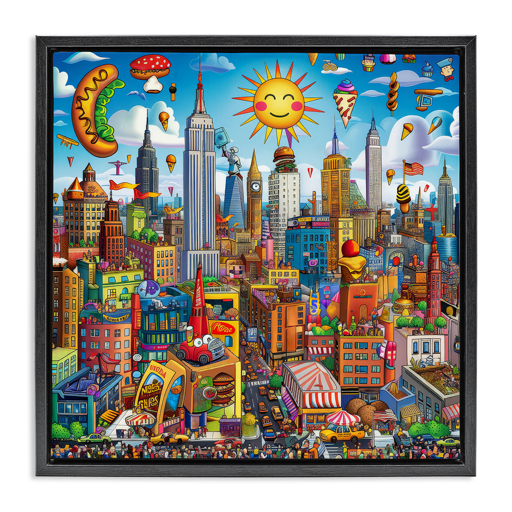 Stupell Industries Fun Zany Cityscape Novelty & Humor Painting Black Floater Framed Canvas Art Print Wall Art, 18 x 18