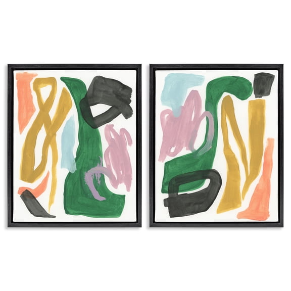 Stupell Industries Funky Abstract Squiggles Abstract Painting Black Floater Framed Canvas Art Print Wall Art, 31 x 25, Set of 2