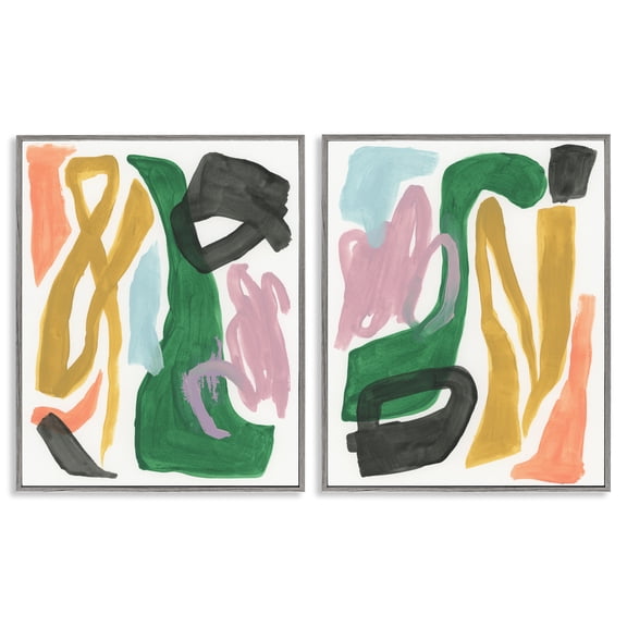 Stupell Industries Funky Abstract Squiggles Abstract Painting Gray Framed Art Print Wall Art, 16 x 20, Set of 2