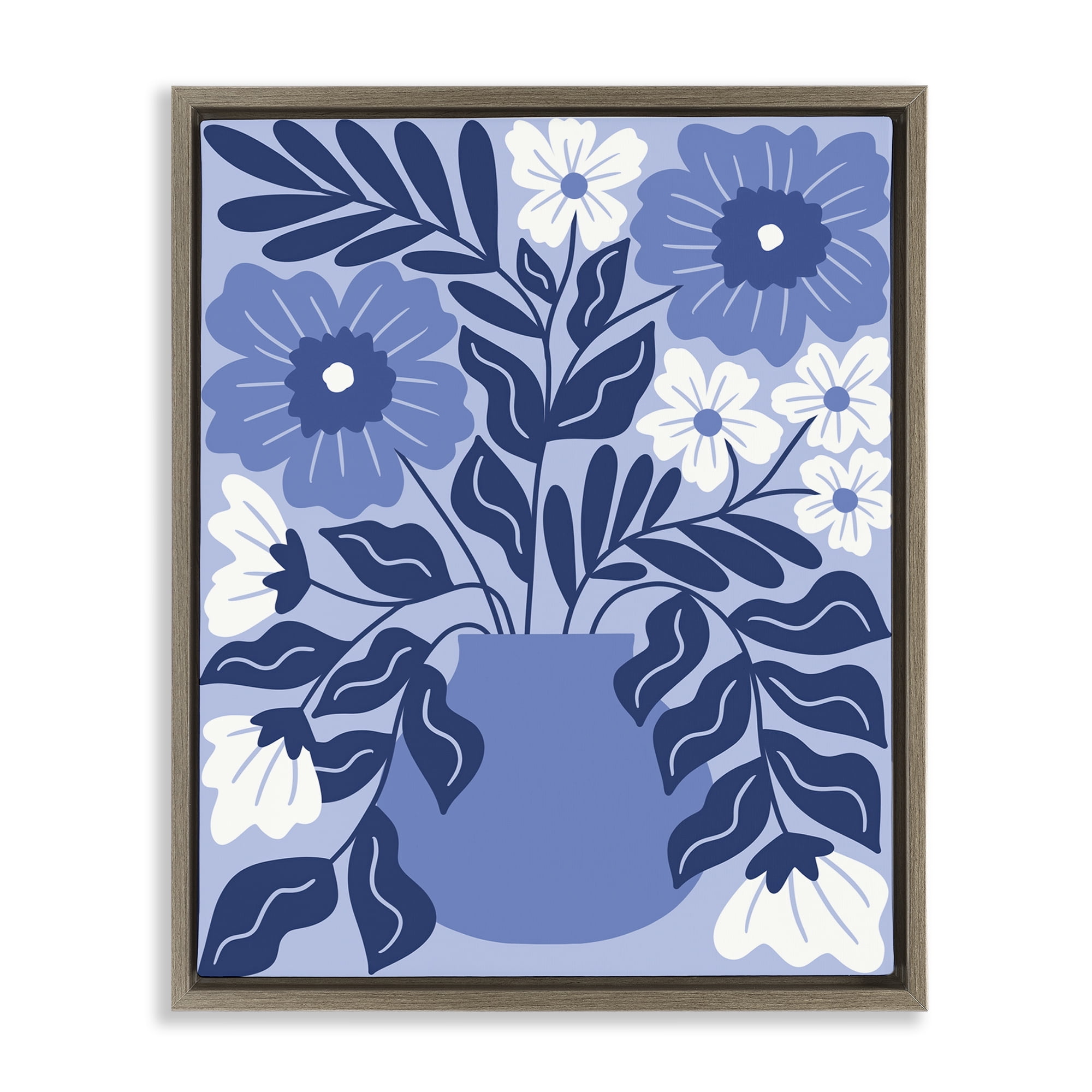 Stupell Industries Funky Blue Florals Plants & Flowers Painting Brown Floater Framed Canvas Art Print Wall Art, 17 x 21