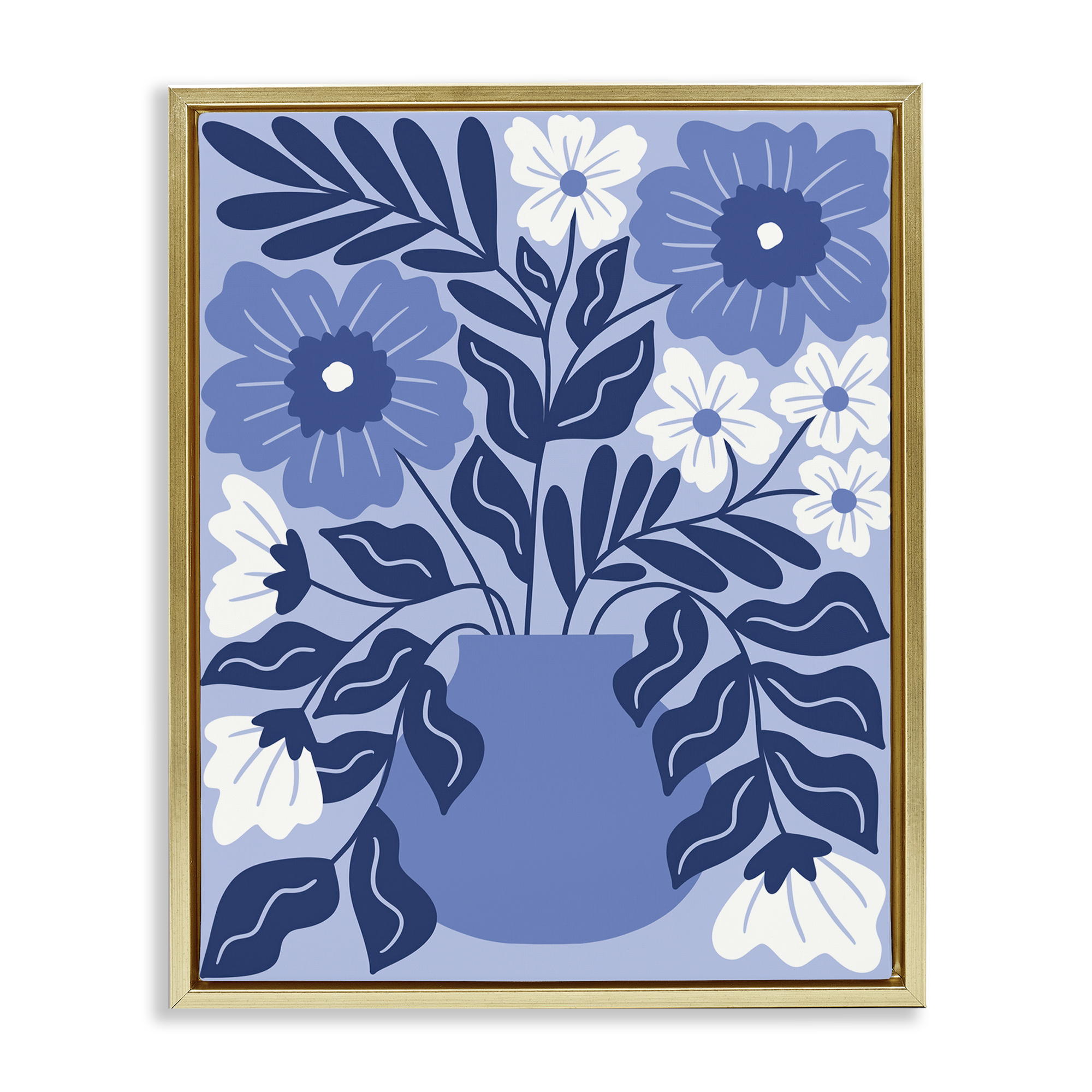 Stupell Industries Funky Blue Florals Plants & Flowers Painting Gold Floater Framed Canvas Art Print Wall Art, 17 x 21
