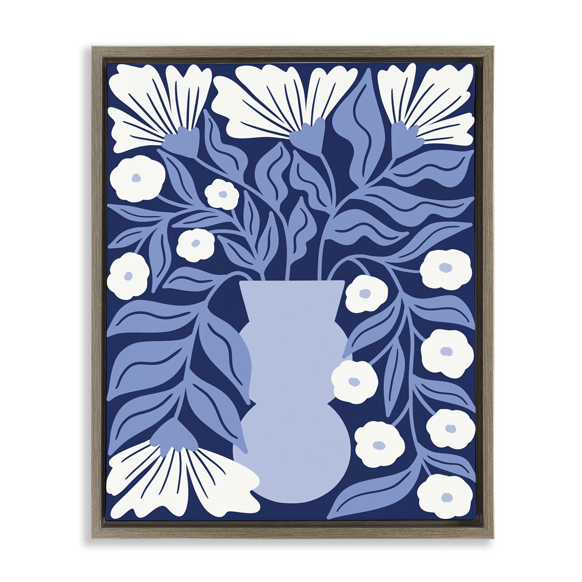Stupell Industries Funky Blue Flower Vase Plants & Flowers Painting Brown Floater Framed Canvas Art Print Wall Art, 17 x 21