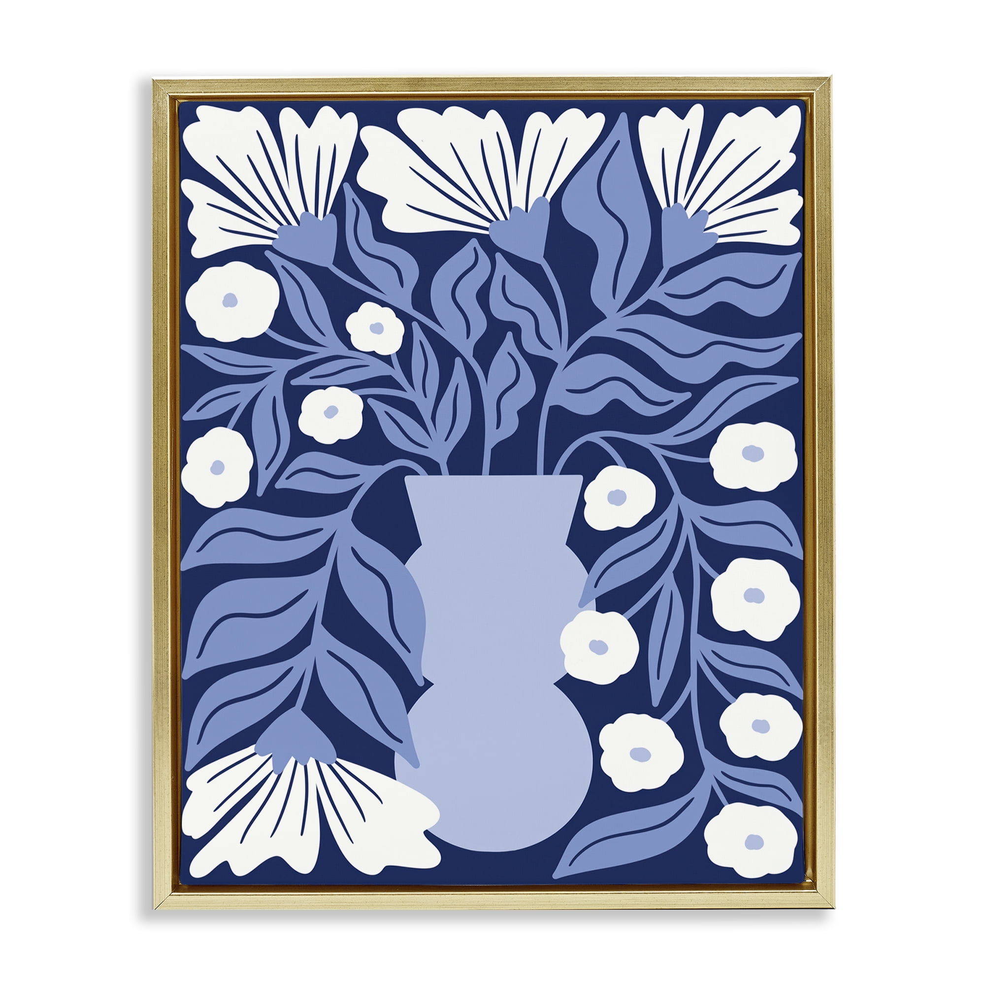 Stupell Industries Funky Blue Flower Vase Plants & Flowers Painting Gold Floater Framed Canvas Art Print Wall Art, 17 x 21