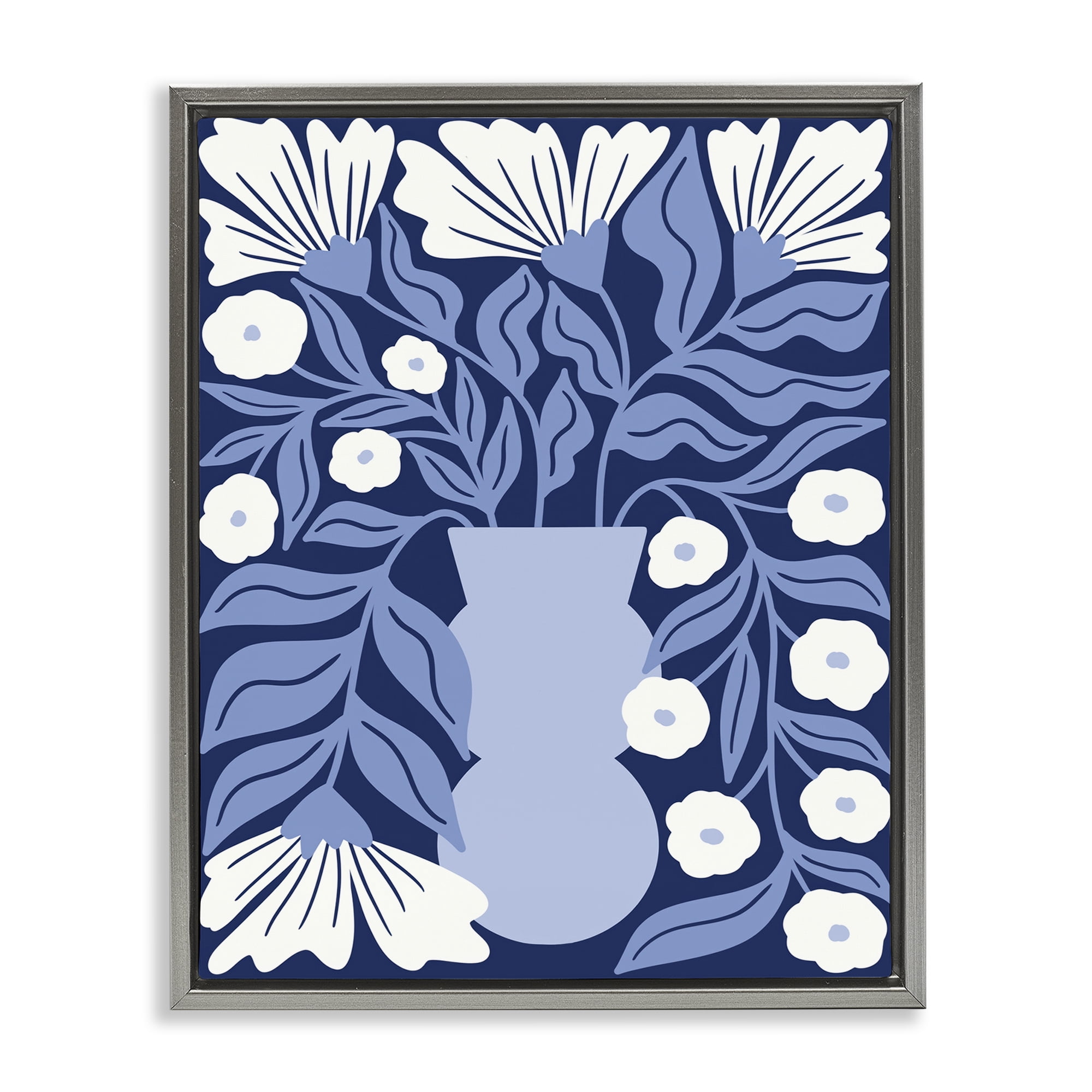 Stupell Industries Funky Blue Flower Vase Plants & Flowers Painting Gray Floater Framed Canvas Art Print Wall Art, 17 x 21