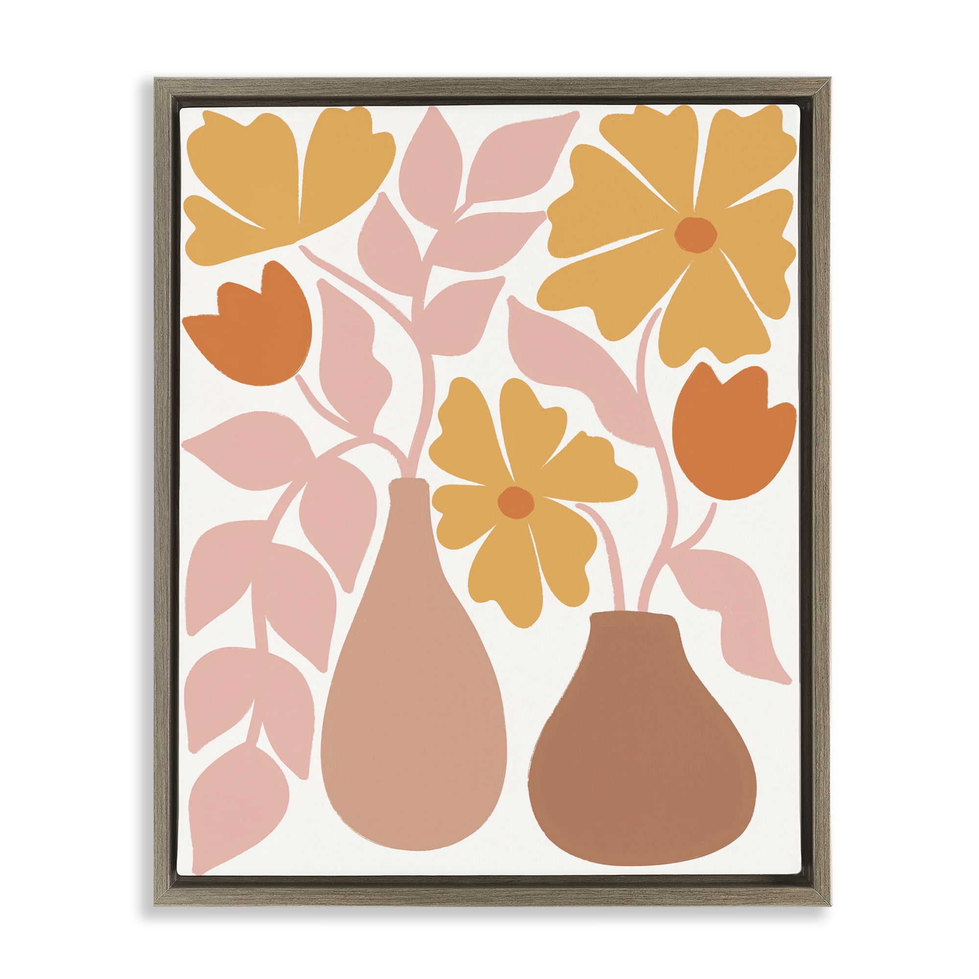 Stupell Industries Funky Flower Vases Plants & Flowers Painting Brown Floater Framed Canvas Art Print Wall Art, 17 x 21