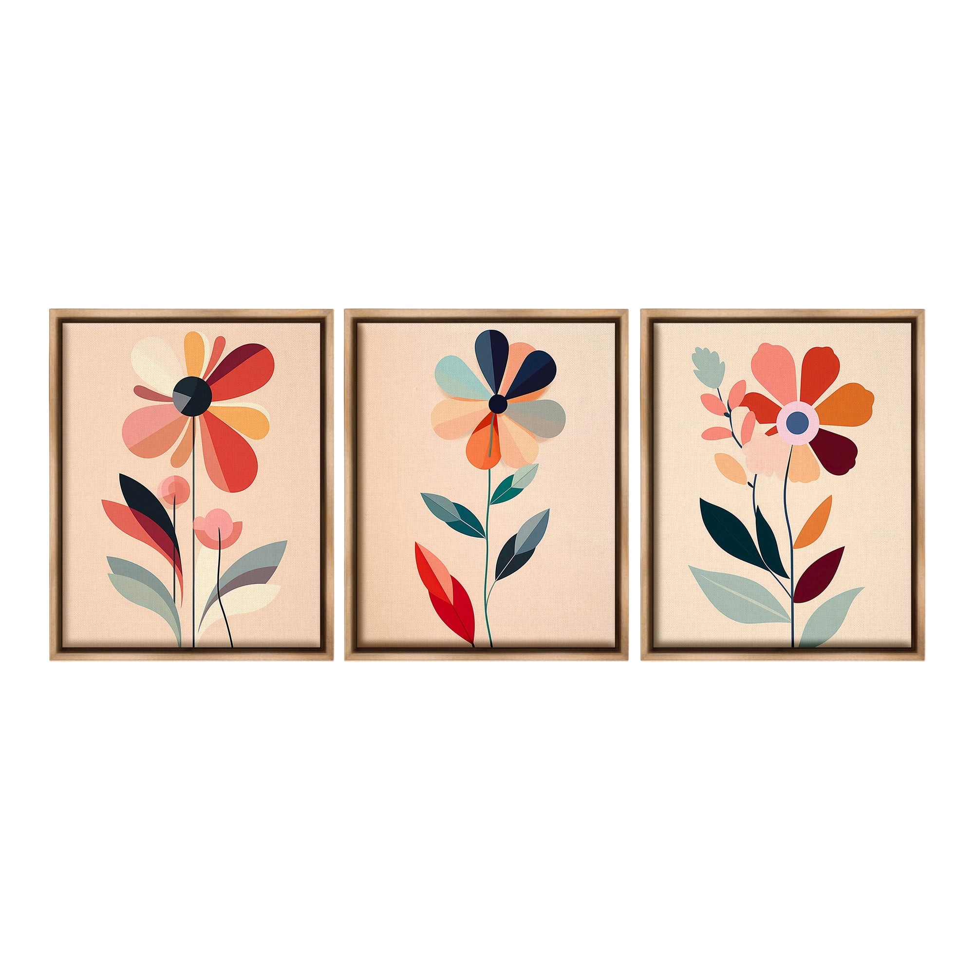 Stupell Industries Funky Modern Flowers Botanical & Floral Painting Brown Floater Framed Canvas Art Print Wall Art, 25 x 31, Set of 3