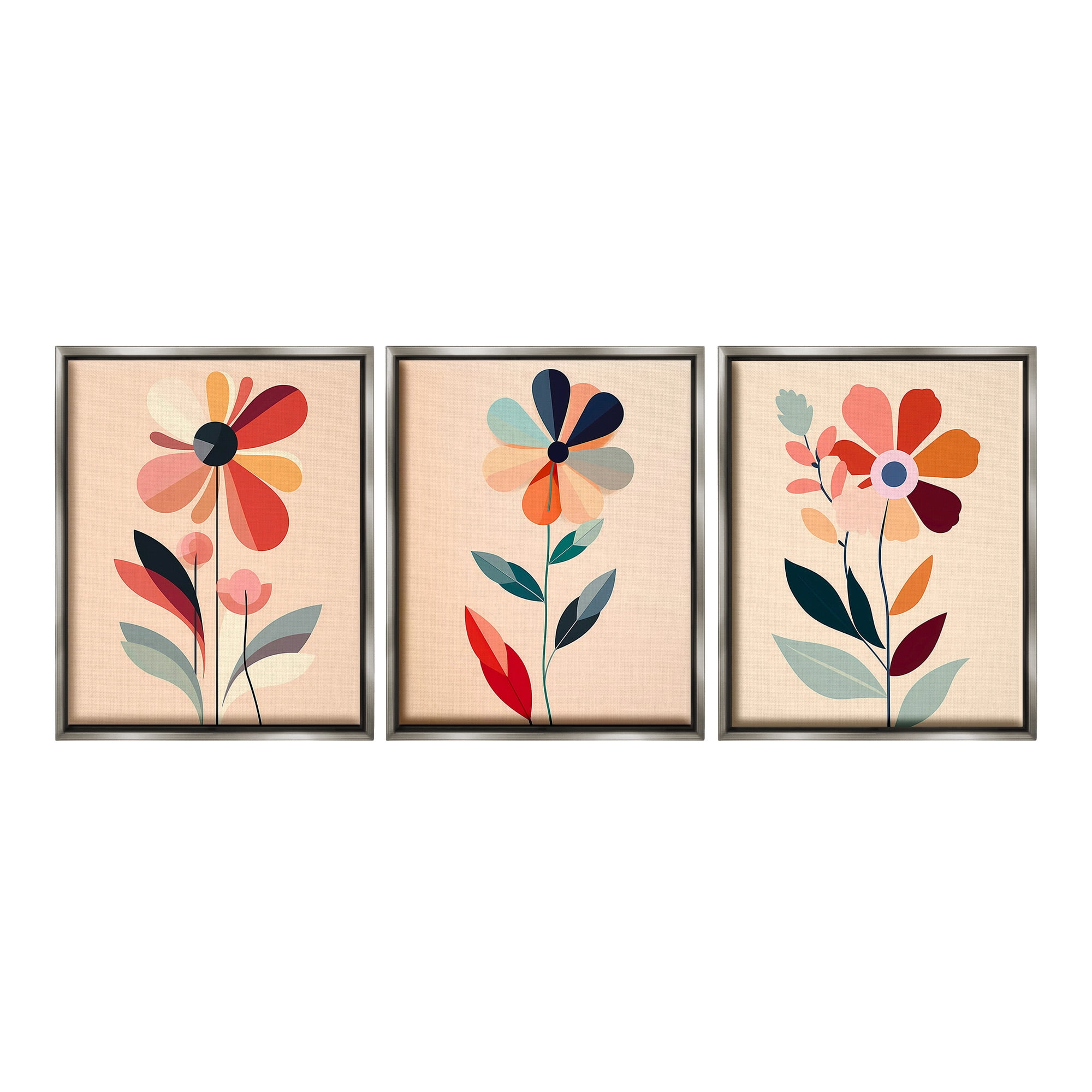 Stupell Industries Funky Modern Flowers Botanical & Floral Painting Gray Floater Framed Canvas Art Print Wall Art, 25 x 31, Set of 3