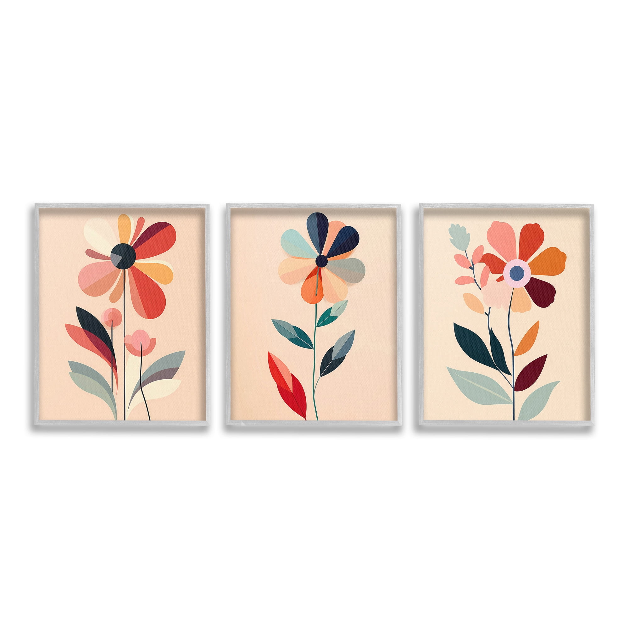 Stupell Industries Funky Modern Flowers Botanical & Floral Painting Gray Framed Art Print Wall Art, 11 x 14, Set of 3
