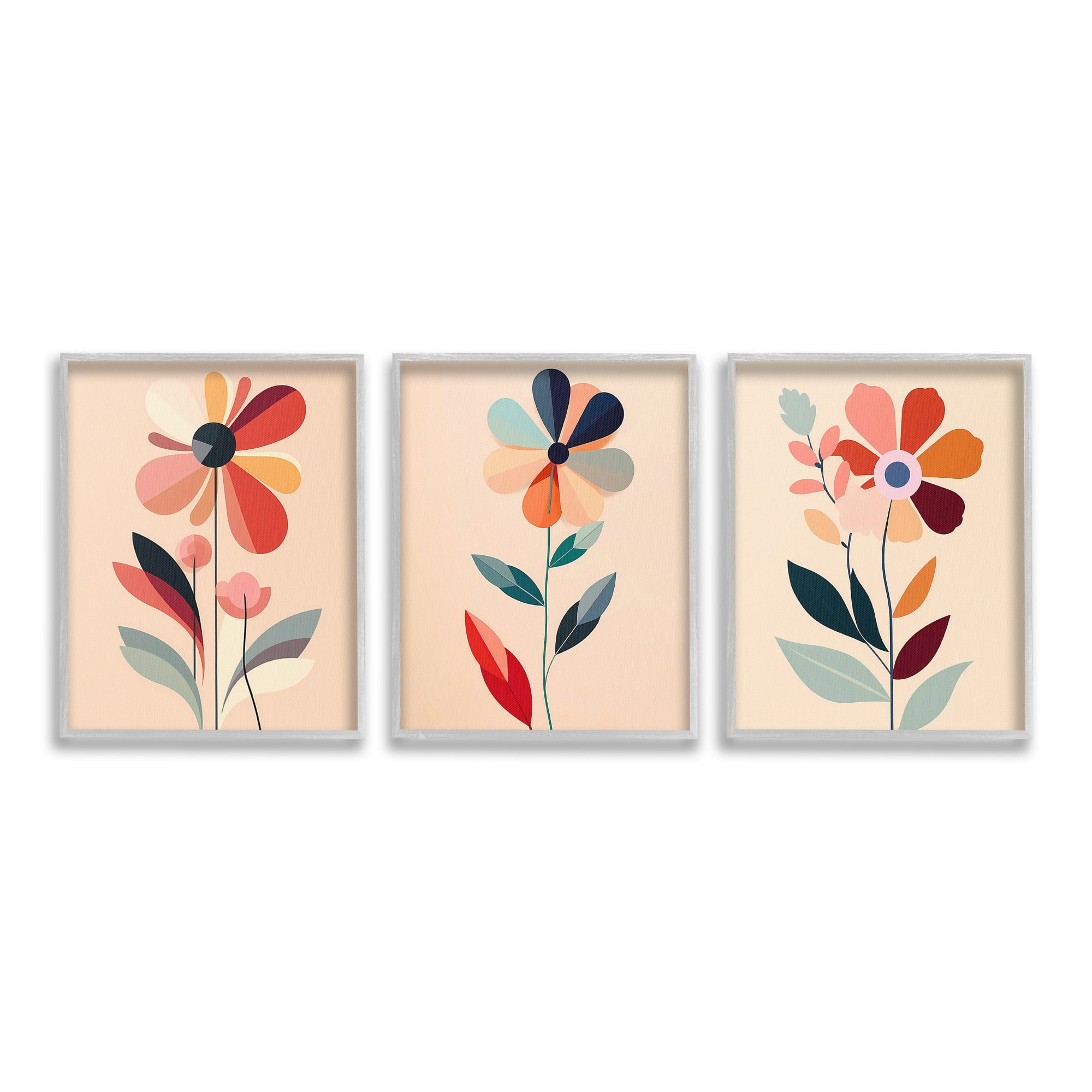Stupell Industries Funky Modern Flowers Botanical & Floral Painting Gray Framed Art Print Wall Art, 16 x 20, Set of 3