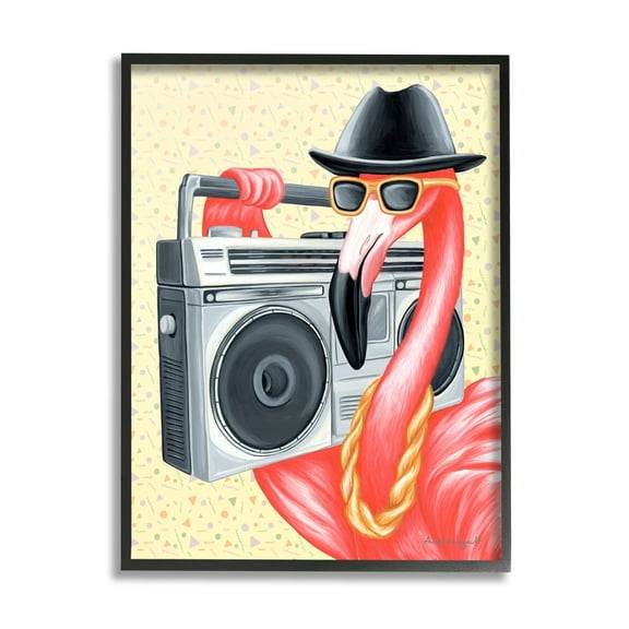 Stupell Industries Funky Retro Flamingo Boombox Music Geometric Pattern Graphic Art Black Framed Art Print Wall Art, Design by Amelie Legault