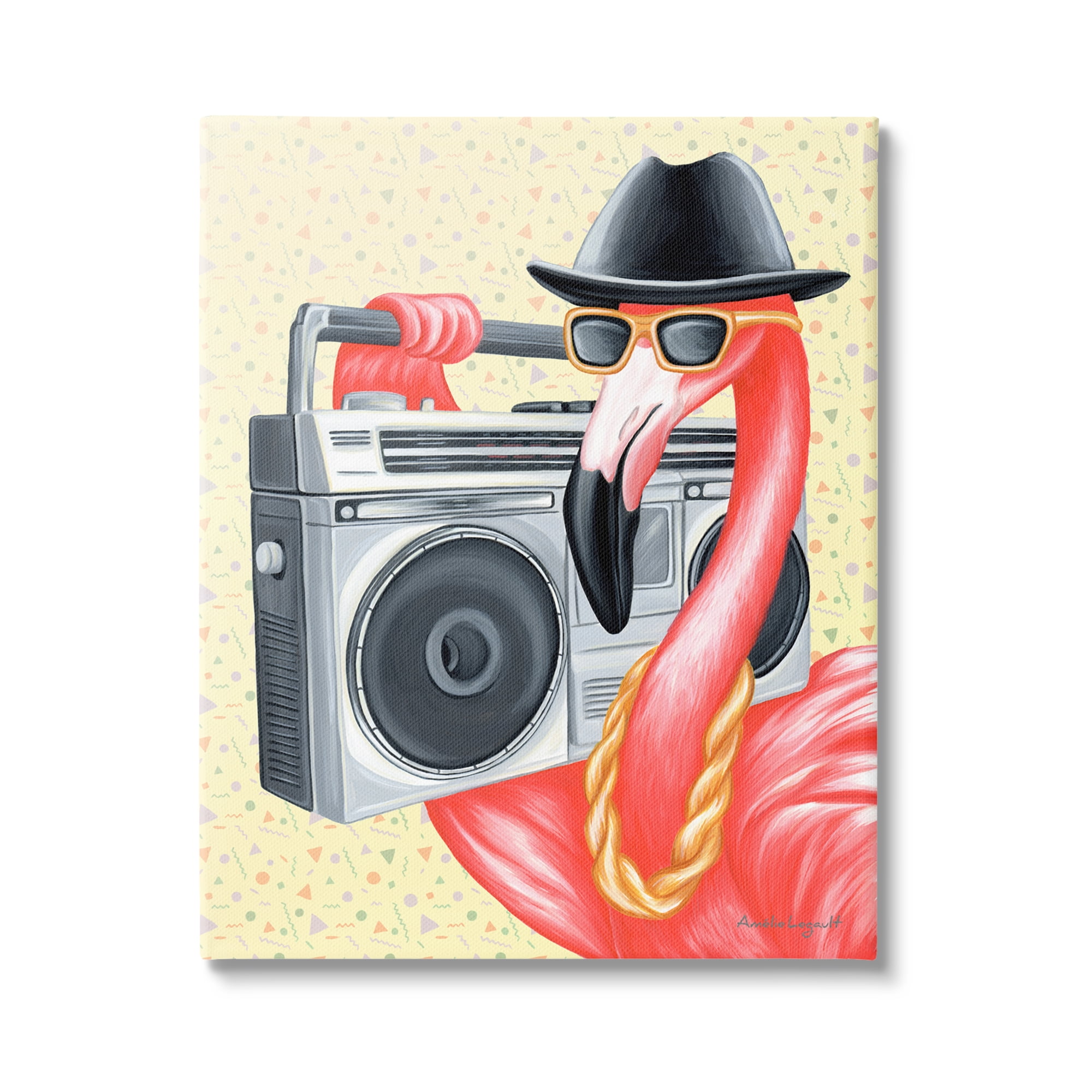 Stupell Industries Funky Retro Flamingo Boombox Music Geometric Pattern Graphic Art Gallery Wrapped Canvas Print Wall Art, Design by Amelie Legault