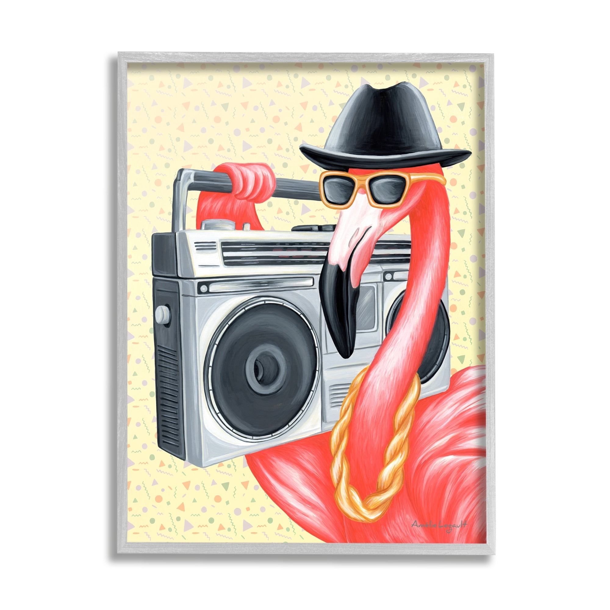 Stupell Industries Funky Retro Flamingo Boombox Music Geometric Pattern Graphic Art Gray Framed Art Print Wall Art, Design by Amelie Legault