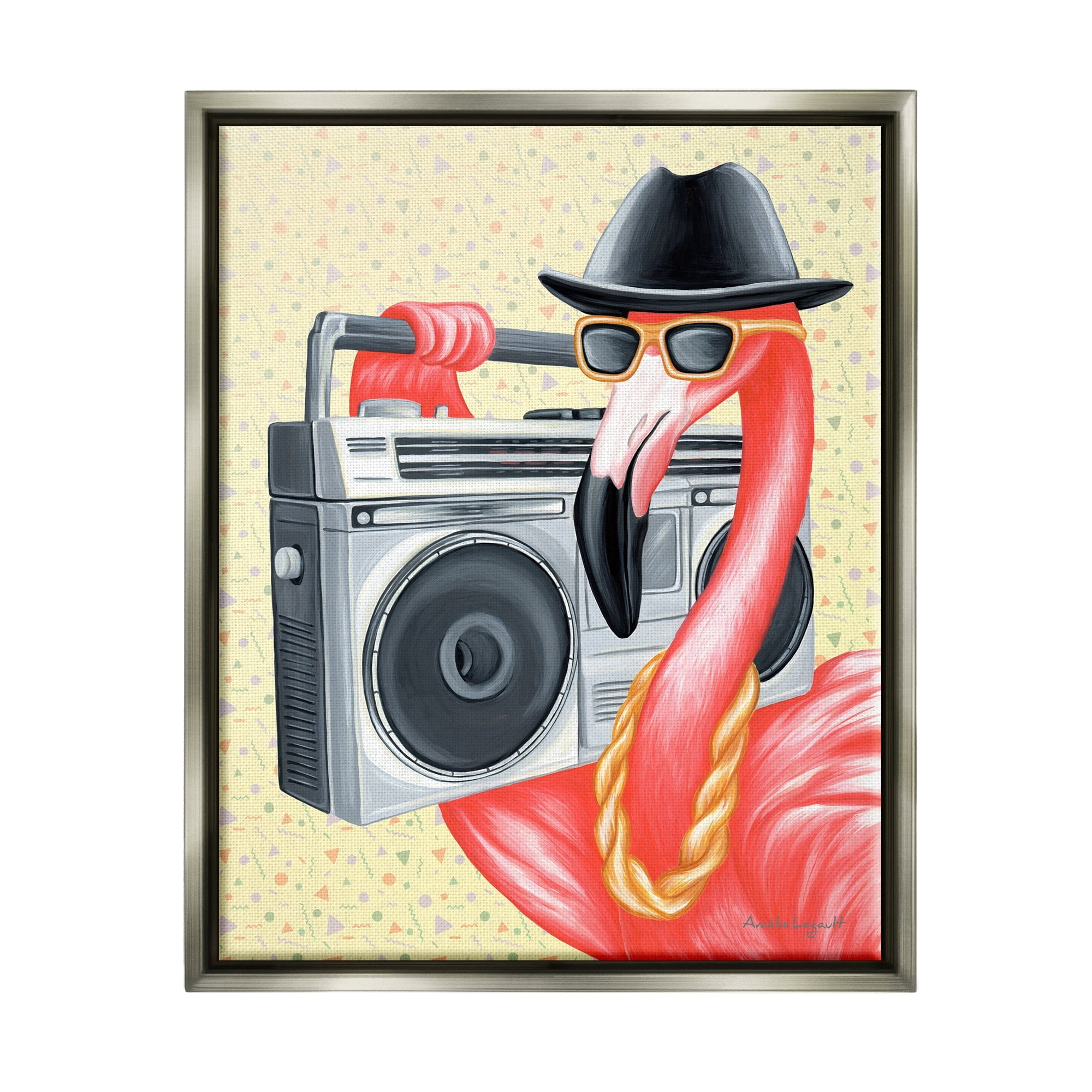 Stupell Industries Funky Retro Flamingo Boombox Music Geometric Pattern Graphic Art Luster Gray Floating Framed Canvas Print Wall Art, Design by Amelie Legault