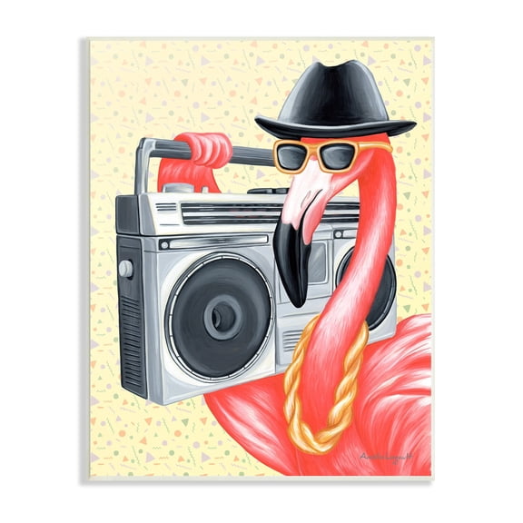 Stupell Industries Funky Retro Flamingo Boombox Music Geometric Pattern Graphic Art Unframed Art Print Wall Art, Design by Amelie Legault