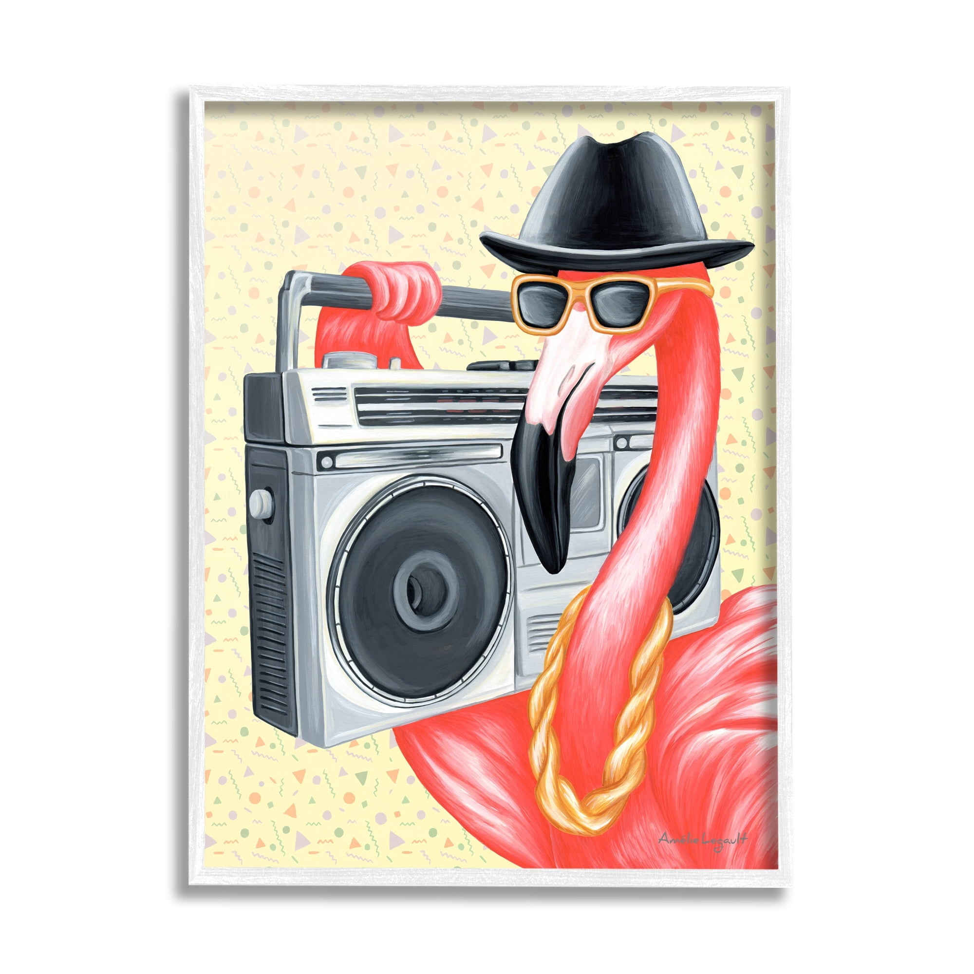 Stupell Industries Funky Retro Flamingo Boombox Music Geometric Pattern Graphic Art White Framed Art Print Wall Art, Design by Amelie Legault