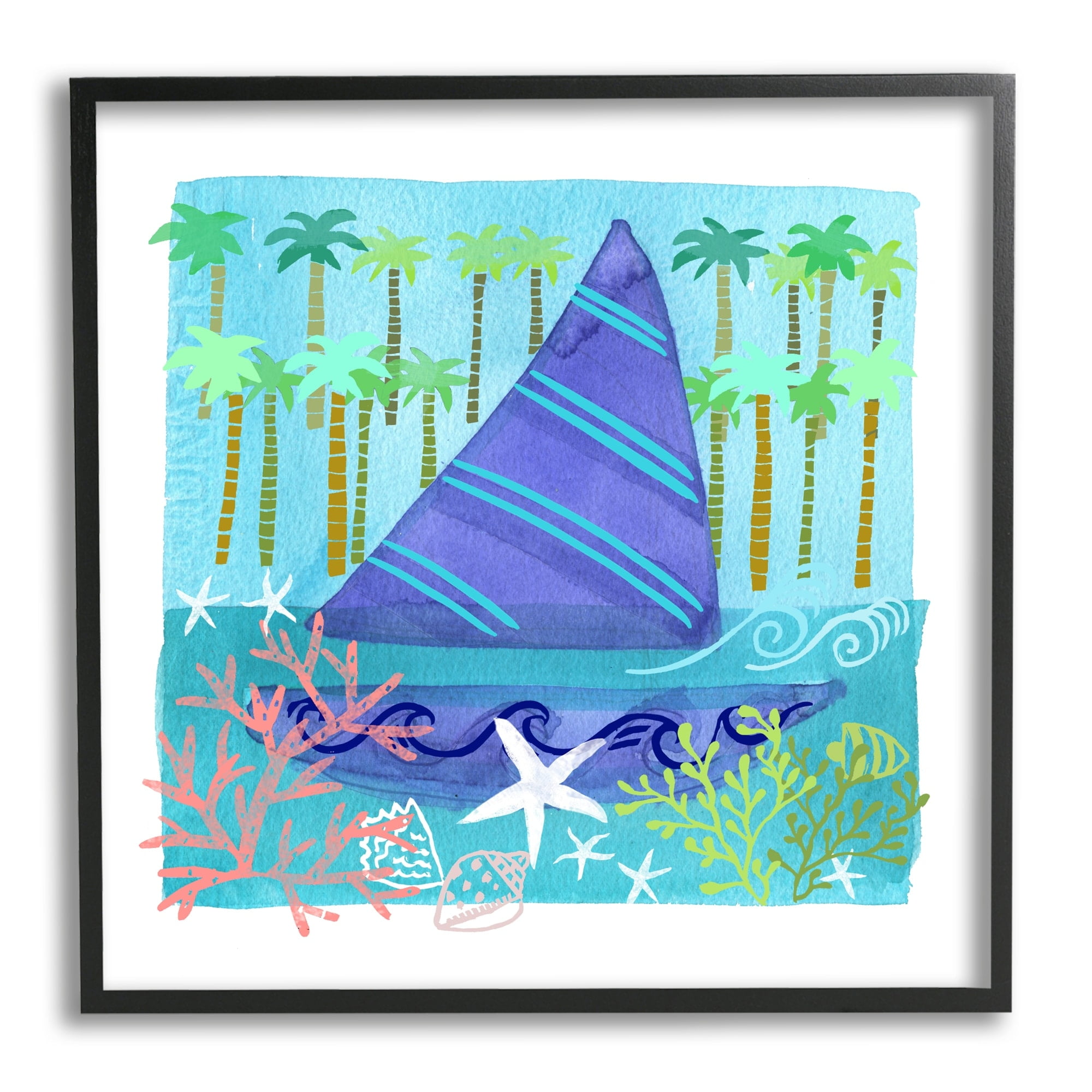 Stupell Industries Funky Sailboat Coastal Layered Palm Trees Seashells Graphic Art Black Framed Art Print Wall Art, Design by unknown
