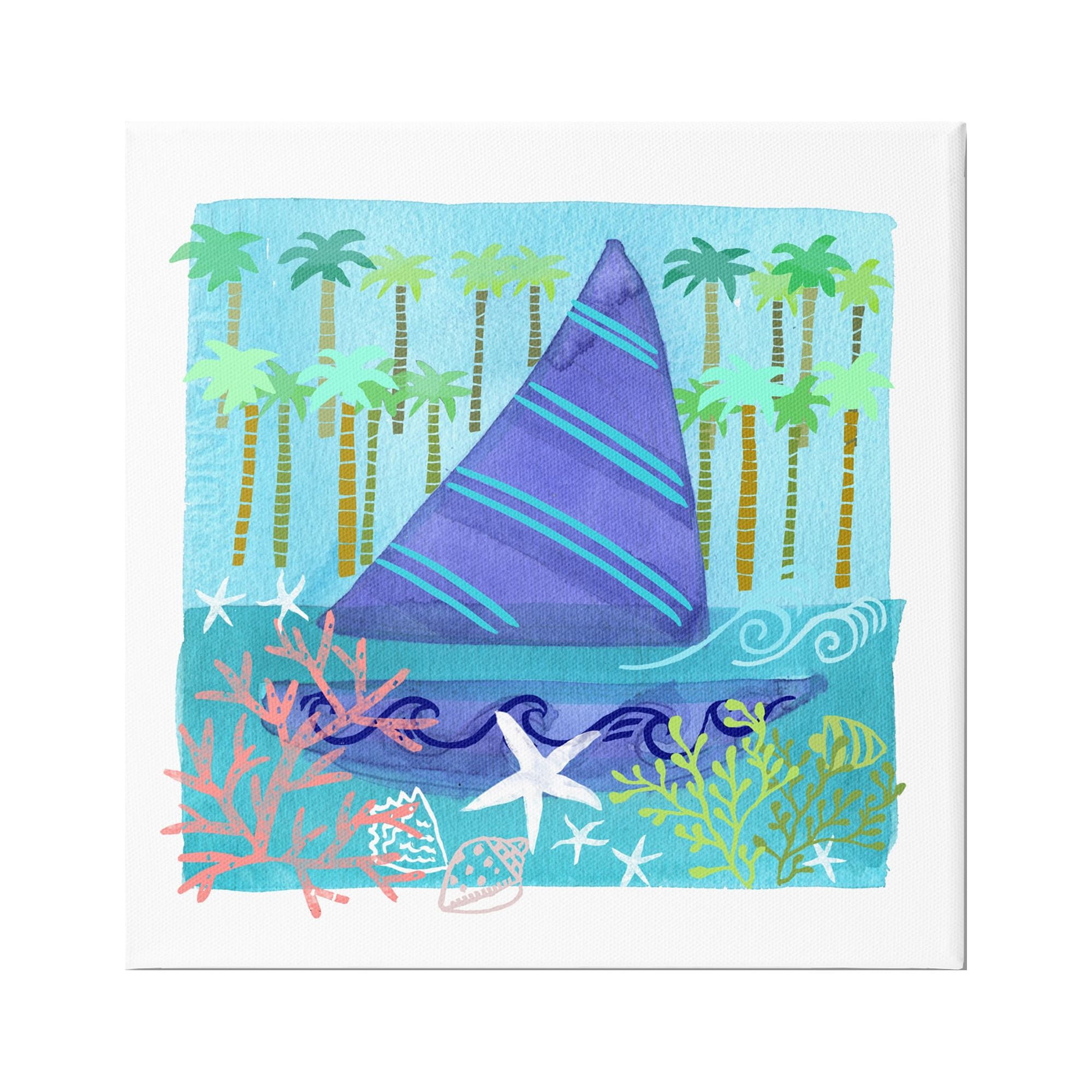 Stupell Industries Funky Sailboat Coastal Layered Palm Trees Seashells Graphic Art Gallery Wrapped Canvas Print Wall Art, Design by unknown