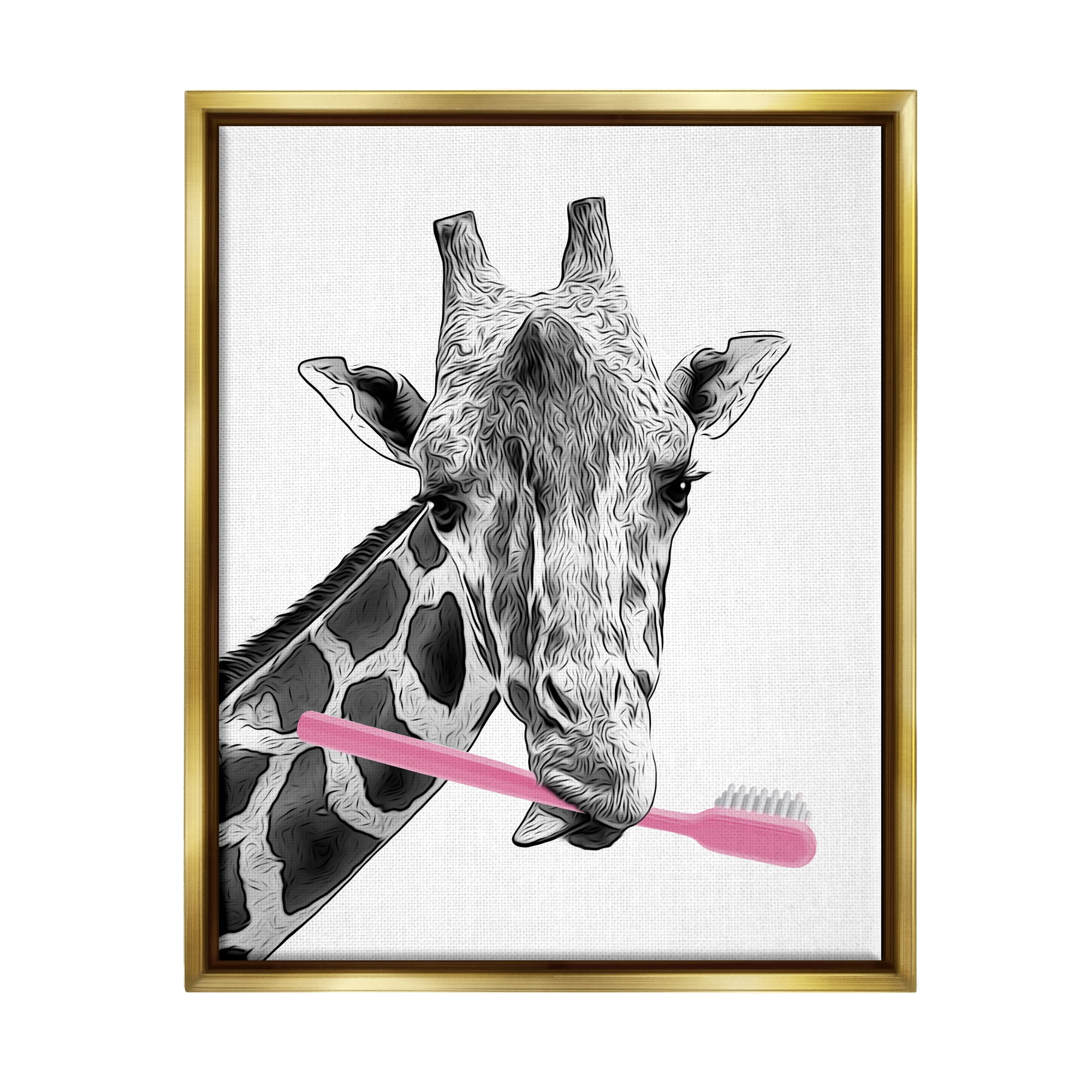 Stupell Industries Funny Animal Bathroom Toothbrush Animals & Insects Painting Gold Floater Framed Art Print Wall Art