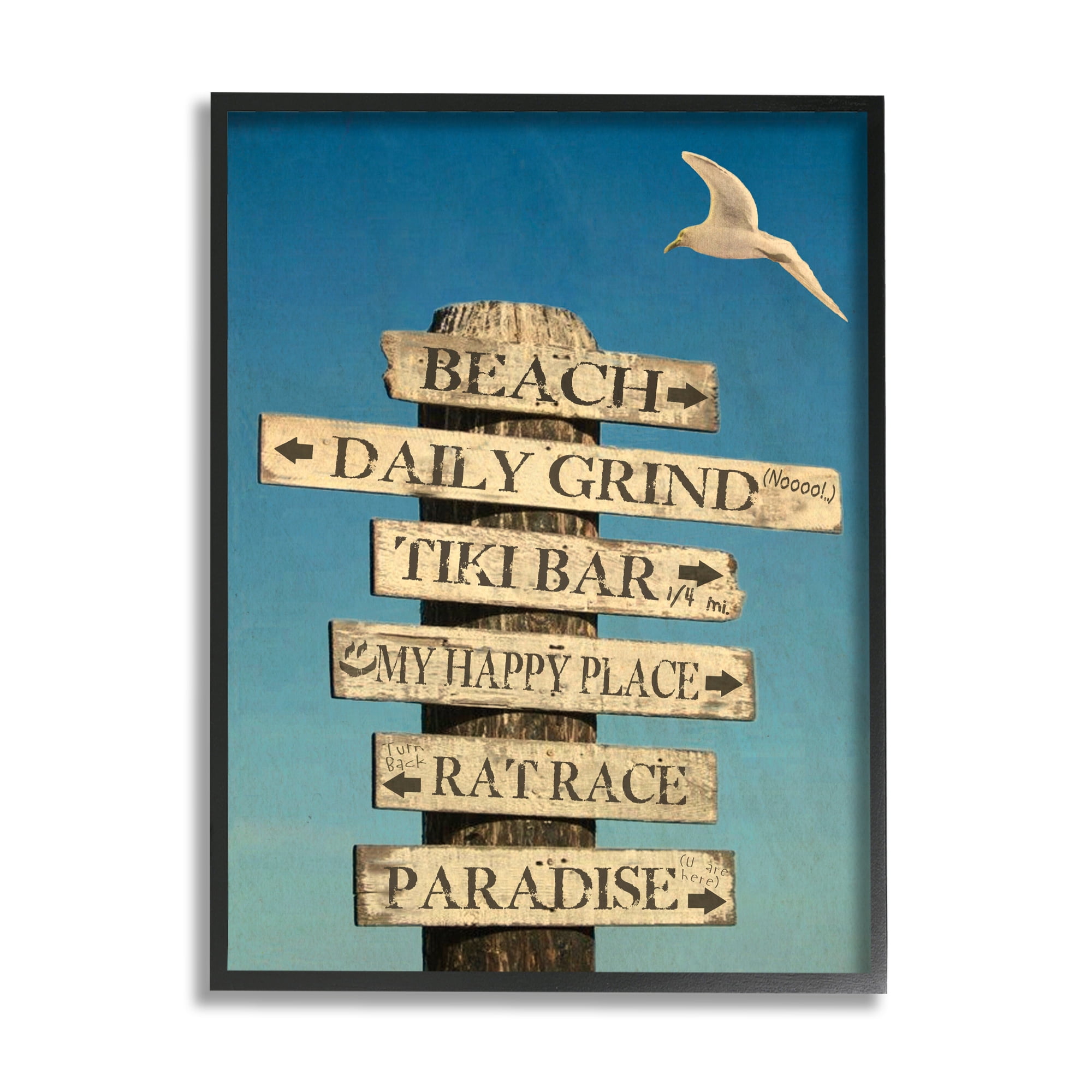 Stupell Industries Funny Beach Directions Sign Animals & Insects Painting Black Framed Art Print Wall Art, 16 x 20