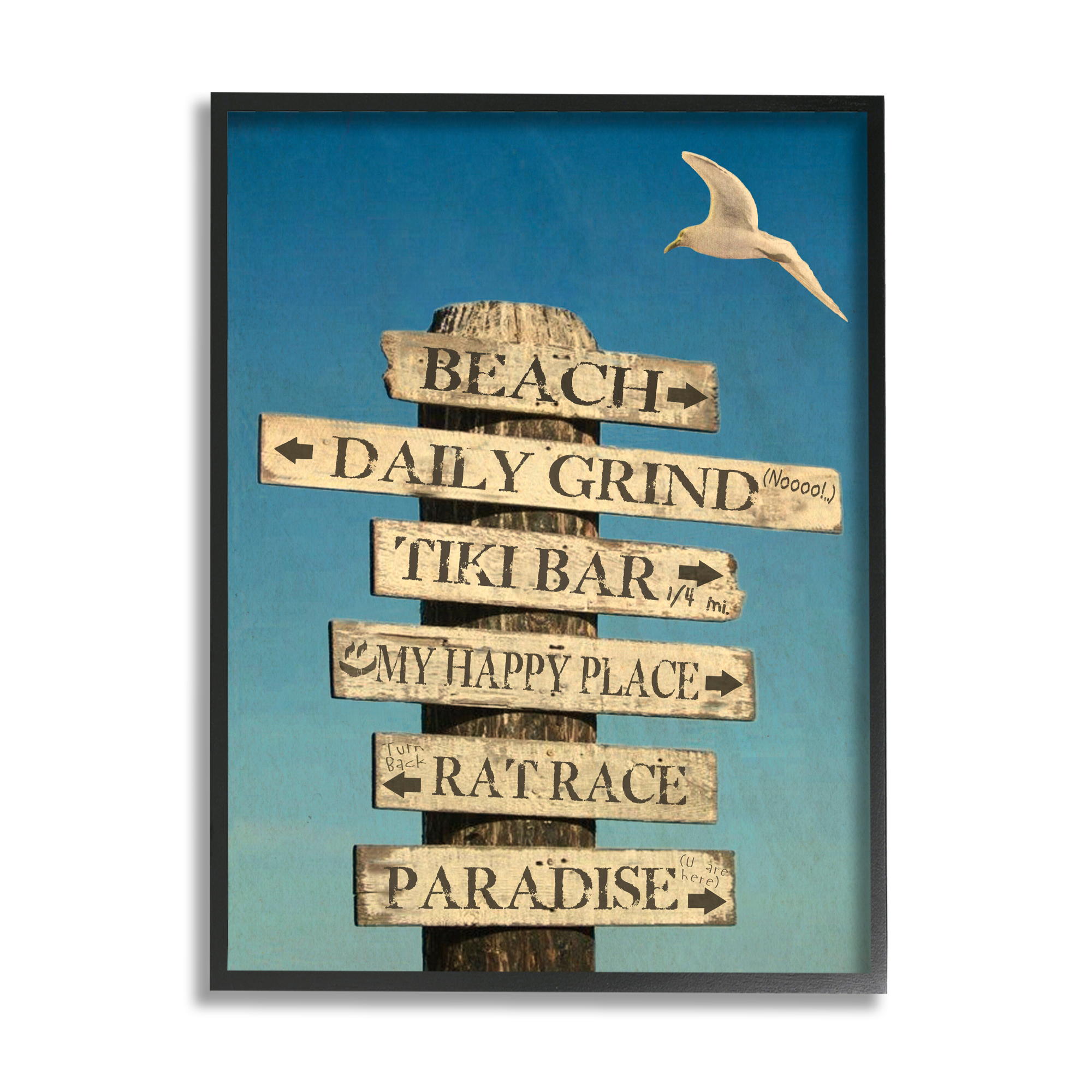 Stupell Industries Funny Beach Directions Sign Animals & Insects Painting Black Framed Art Print Wall Art, 24 x 30