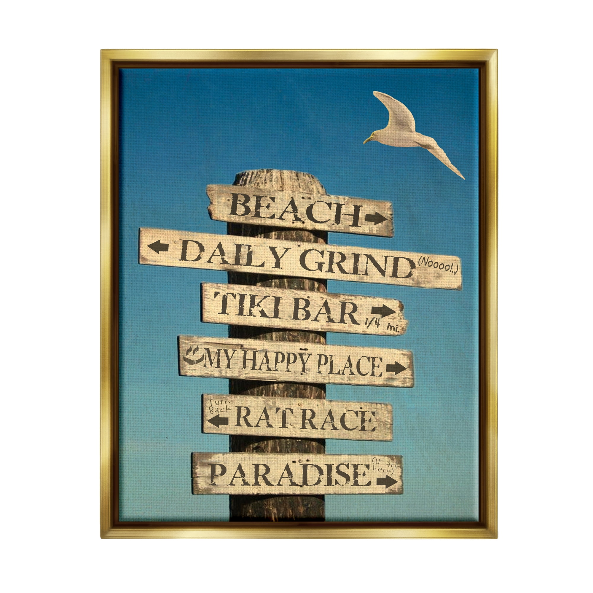 Stupell Industries Funny Beach Directions Sign Animals & Insects Painting Gold Floater Framed Art Print Wall Art, 17 x 21