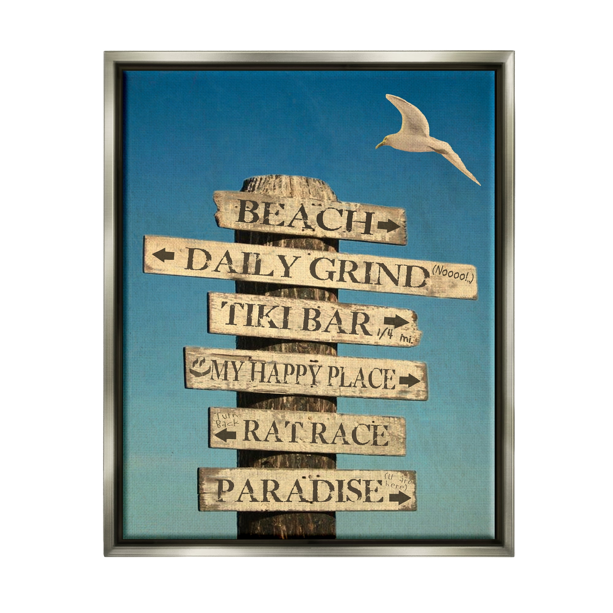 Stupell Industries Funny Beach Directions Sign Animals & Insects Painting Gray Floater Framed Art Print Wall Art, 17 x 21