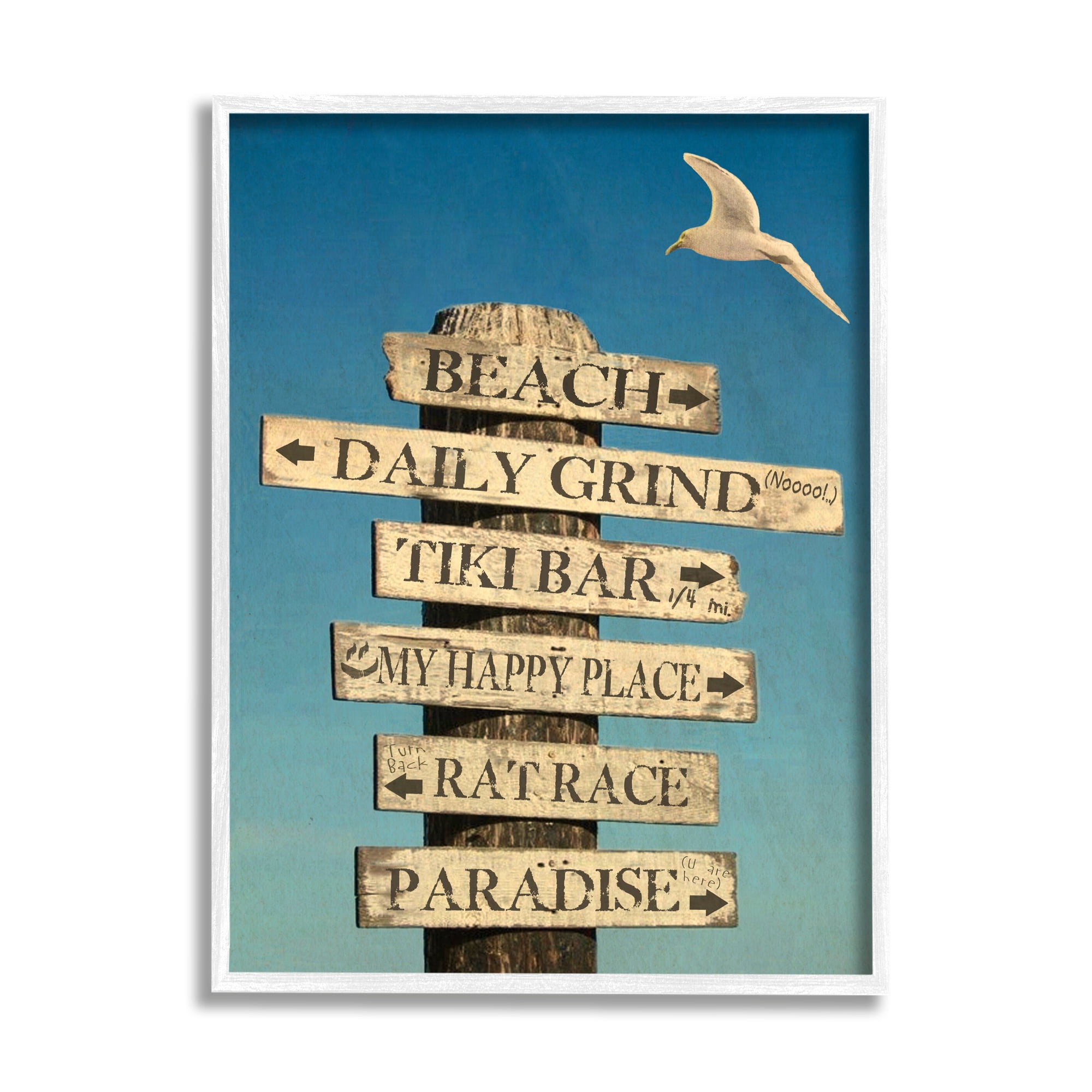 Stupell Industries Funny Beach Directions Sign Animals & Insects Painting White Framed Art Print Wall Art, 11 x 14