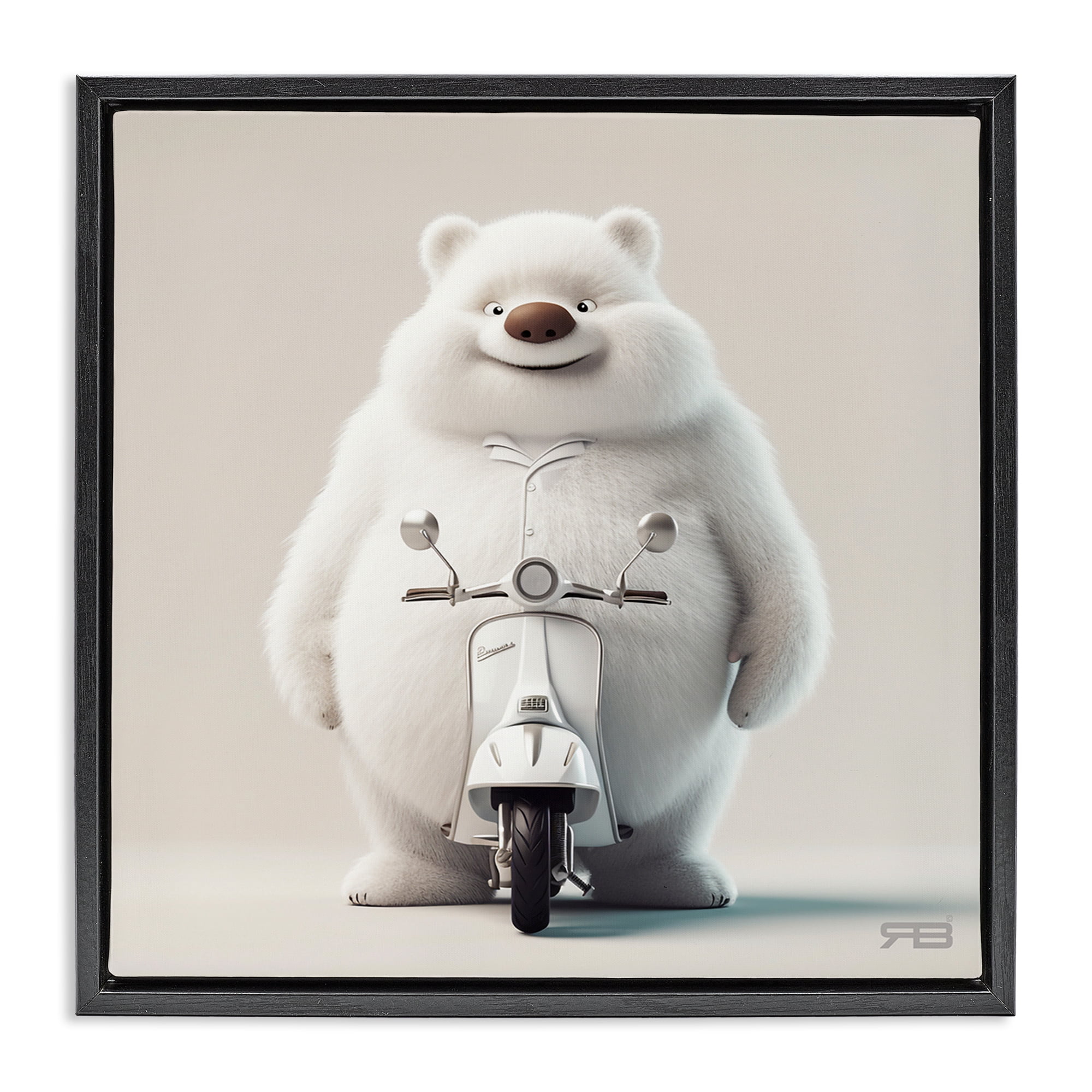 Stupell Industries Funny Bear with Scooter Animals Painting Black Floater Framed Canvas Art Print Wall Art, 25 x 25