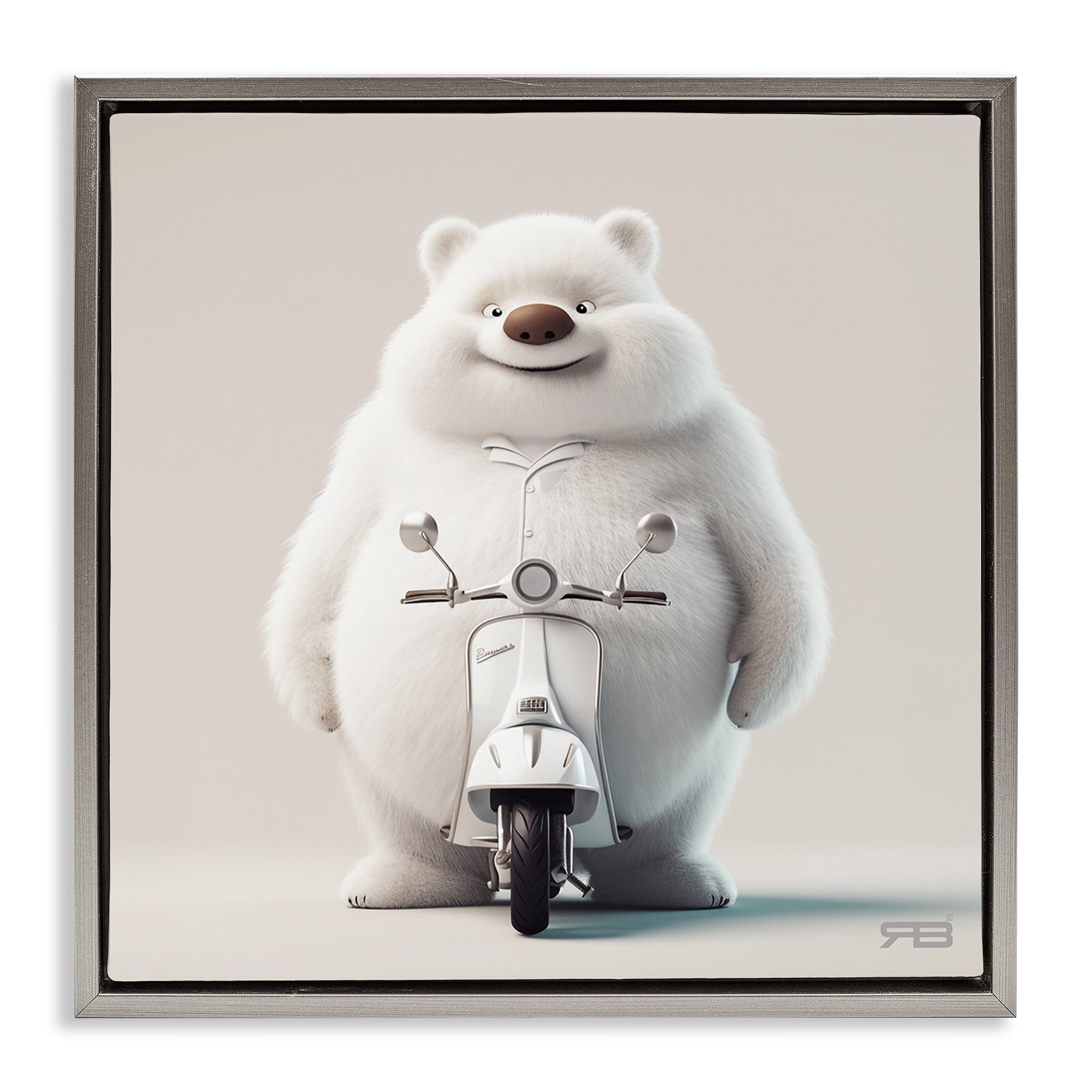 Stupell Industries Funny Bear with Scooter Animals Painting Gray Floater Framed Canvas Art Print Wall Art, 18 x 18