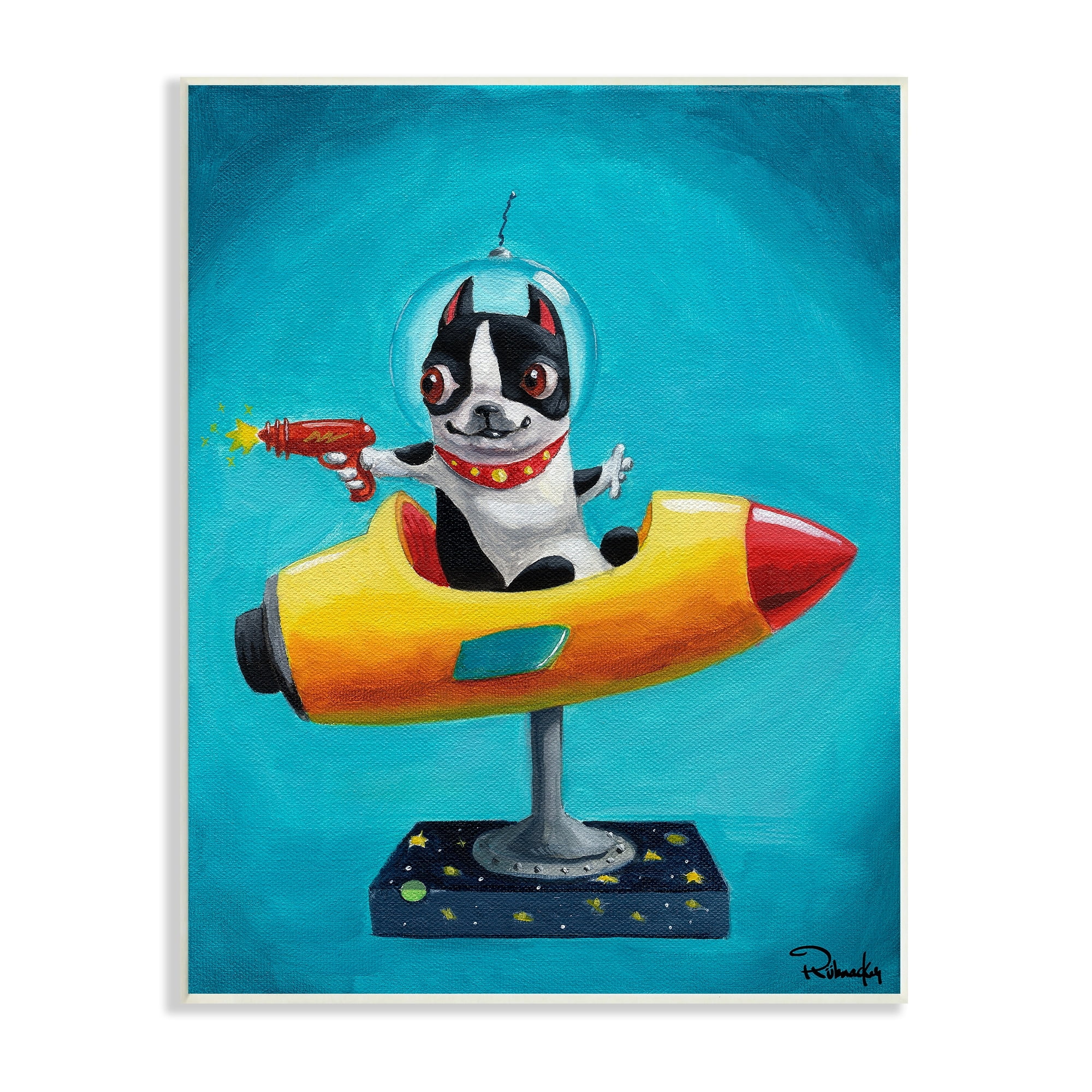 Stupell Industries Funny Big Eye Space Dog Retro Rocketship Ride, 10 x 15, Design by Brian Rubenacker