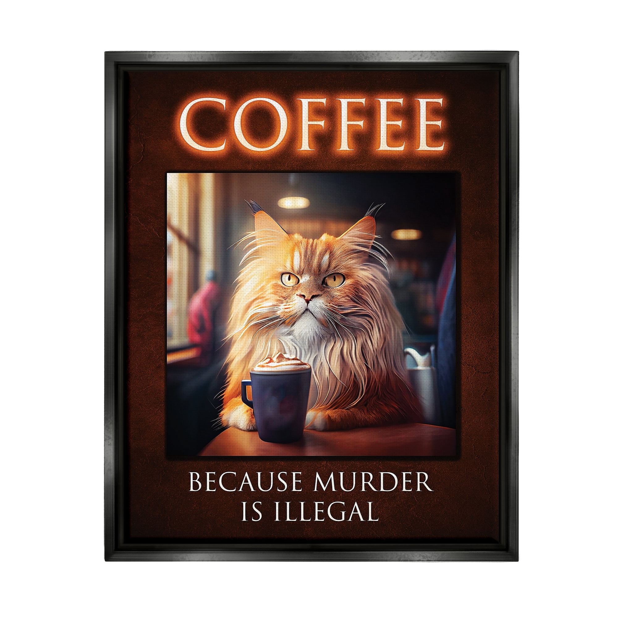 Stupell Industries Funny Cat Coffee Phrase Animals & Insects Painting Black Floater Framed Art Print Wall Art, 17 x 21