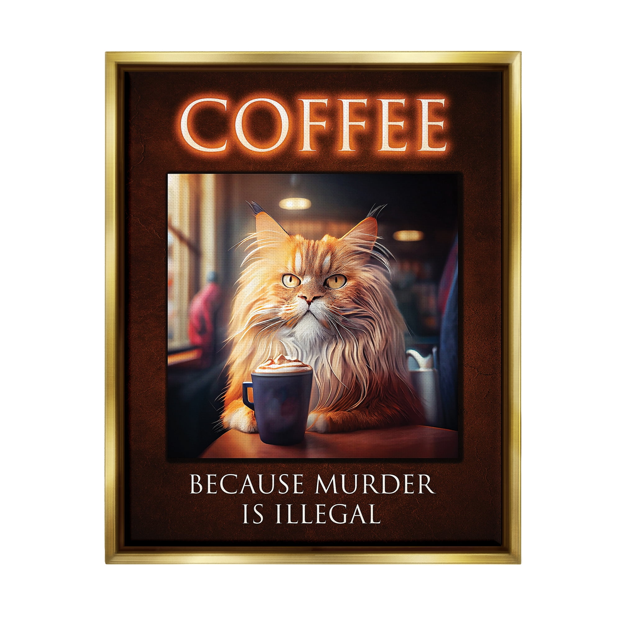 Stupell Industries Funny Cat Coffee Phrase Animals & Insects Painting Gold Floater Framed Art Print Wall Art, 17 x 21