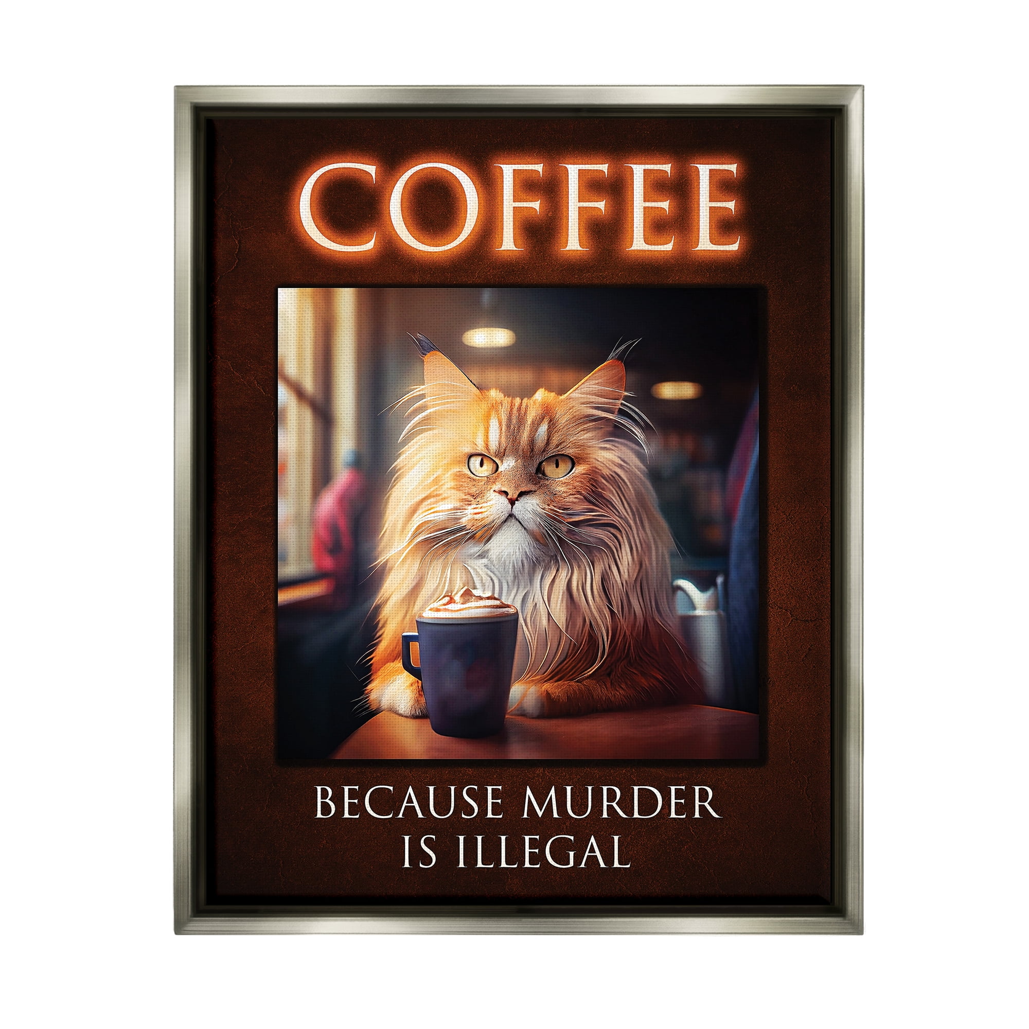 Stupell Industries Funny Cat Coffee Phrase Animals & Insects Painting Gray Floater Framed Art Print Wall Art, 25 x 31