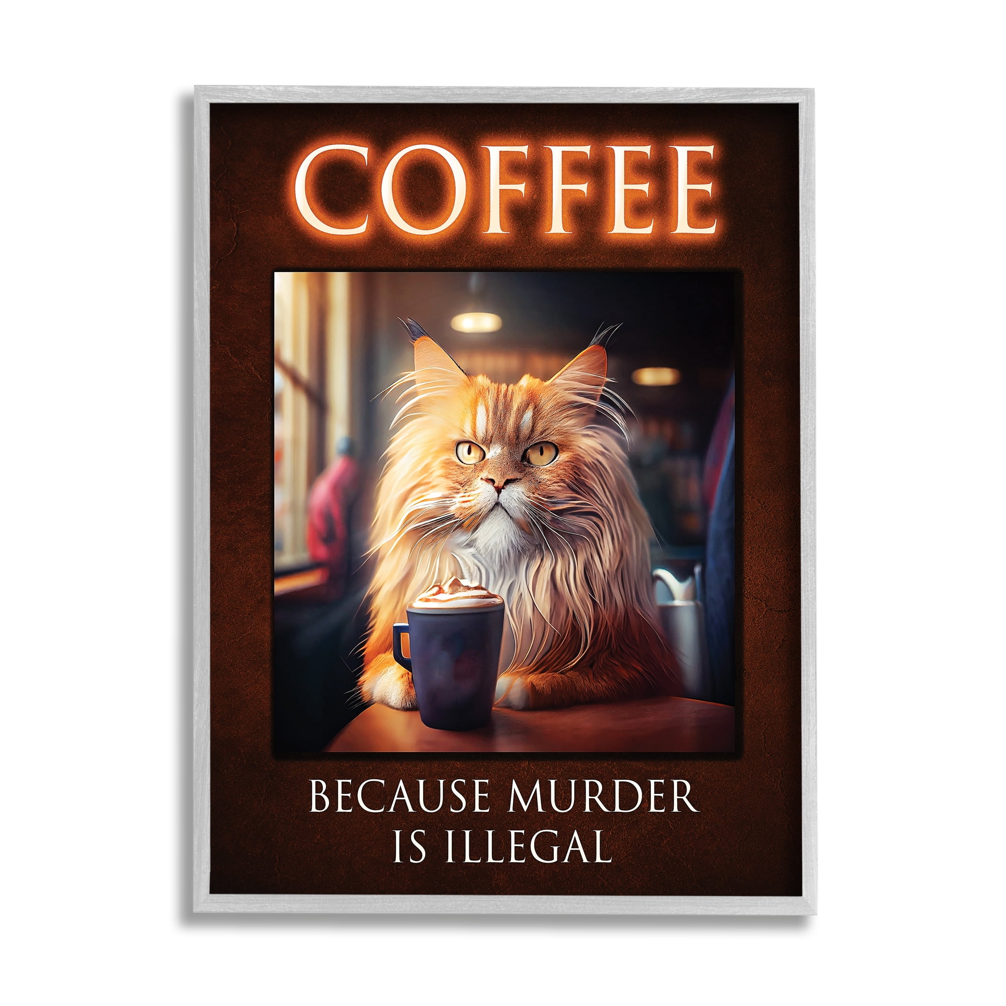 Stupell Industries Funny Cat Coffee Phrase Animals & Insects Painting Gray Framed Art Print Wall Art, 24 x 30