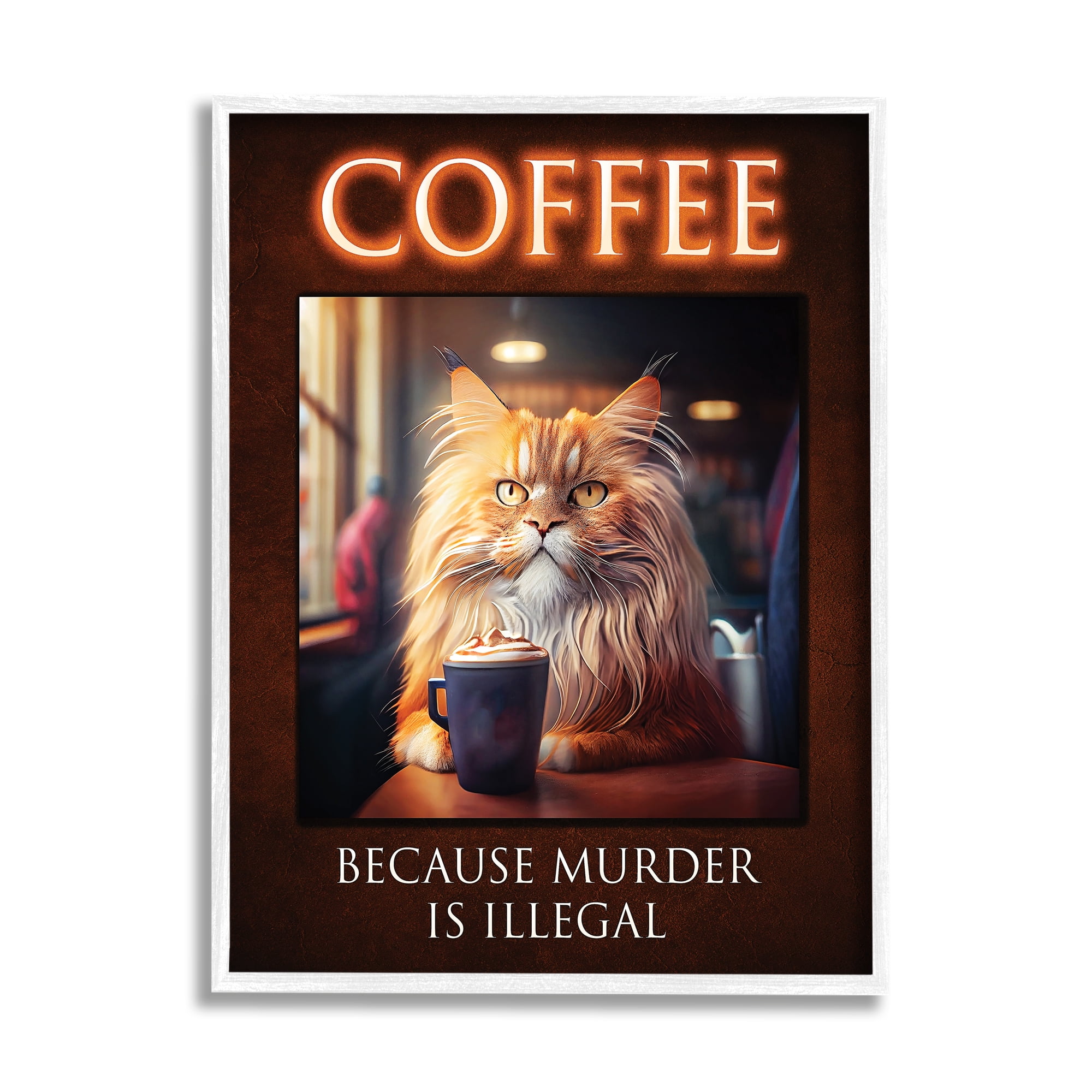 Stupell Industries Funny Cat Coffee Phrase Animals & Insects Painting White Framed Art Print Wall Art, 16 x 20