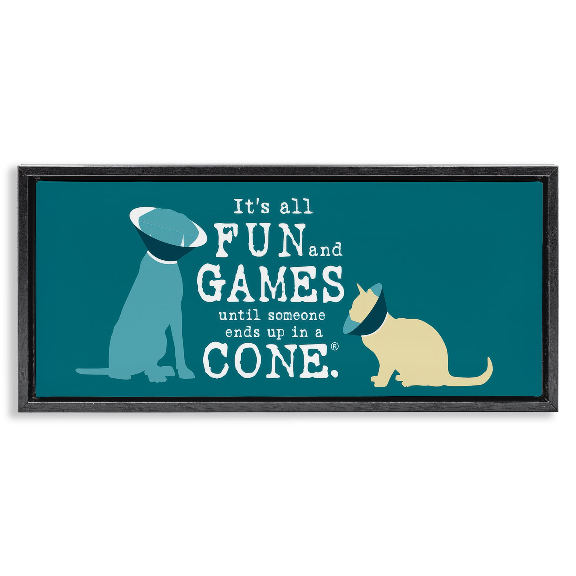 Stupell Industries Funny Cat & Dog Cone Animals Painting Black Floater Framed Canvas Art Print Wall Art, 31 x 14