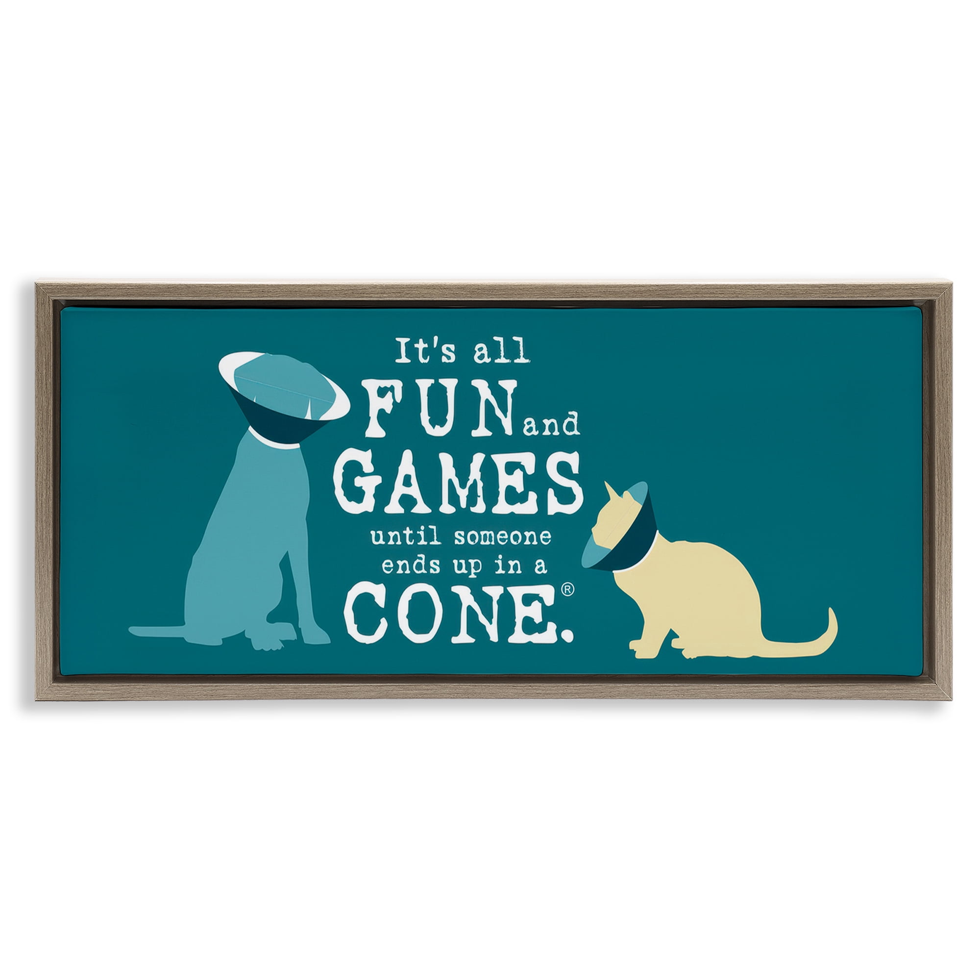 Stupell Industries Funny Cat & Dog Cone Animals Painting Brown Floater Framed Canvas Art Print Wall Art, 31 x 14