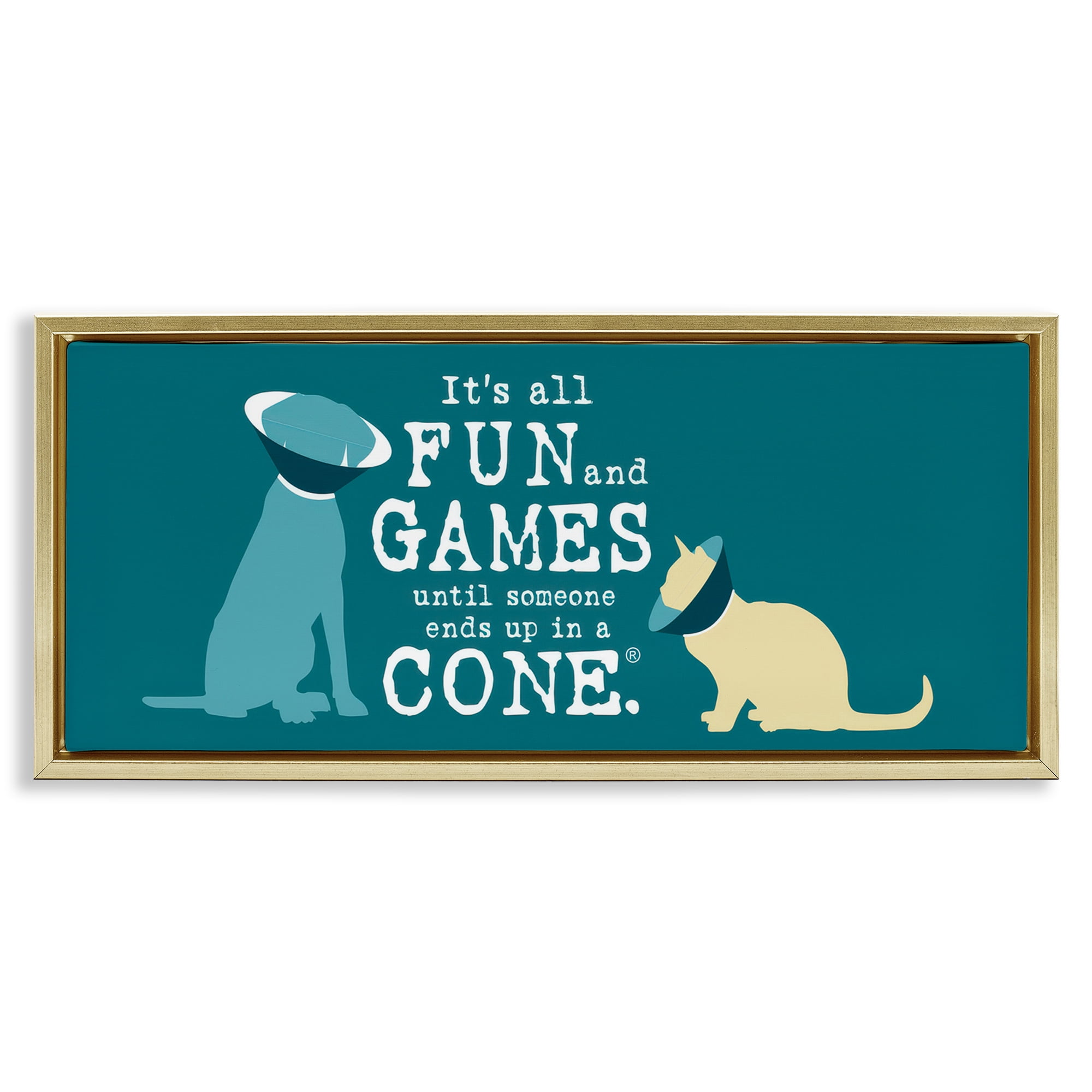Stupell Industries Funny Cat & Dog Cone Animals Painting Gold Floater Framed Canvas Art Print Wall Art, 31 x 14