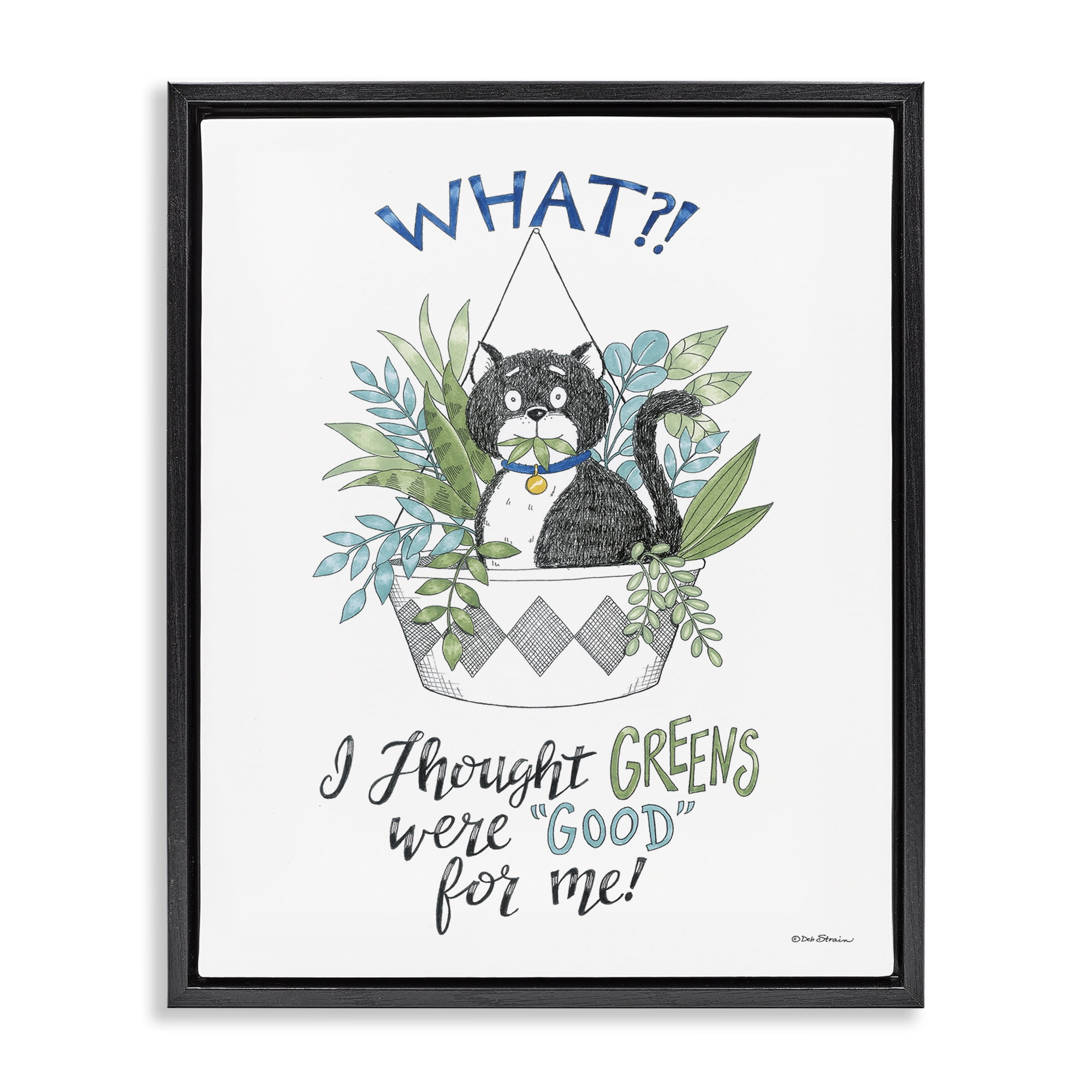 Stupell Industries Funny Cat Eating Plant Animals Painting Black Floater Framed Canvas Art Print Wall Art, 17 x 21