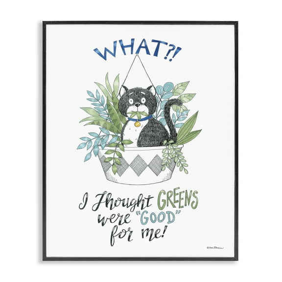 Stupell Industries Funny Cat Eating Plant Animals Painting Black Framed Art Print Wall Art, 11 x 14