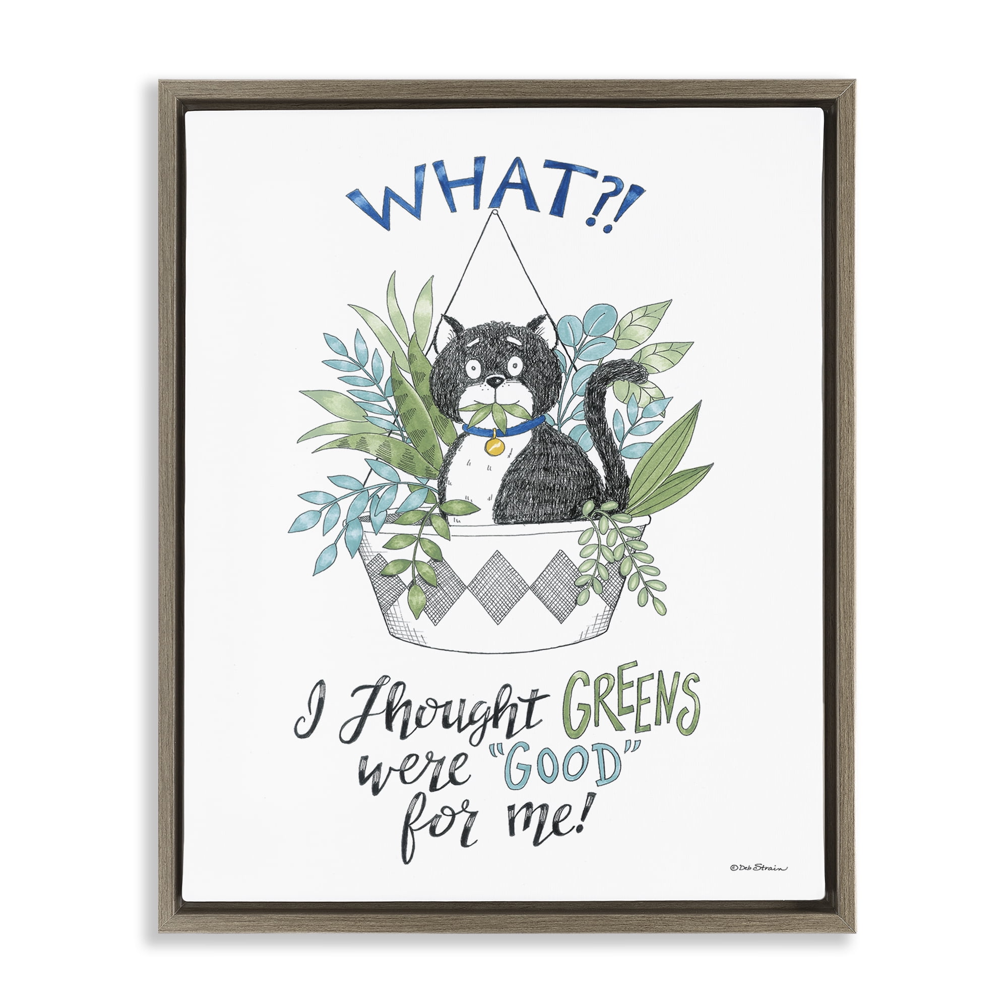 Stupell Industries Funny Cat Eating Plant Animals Painting Brown Floater Framed Canvas Art Print Wall Art, 17 x 21