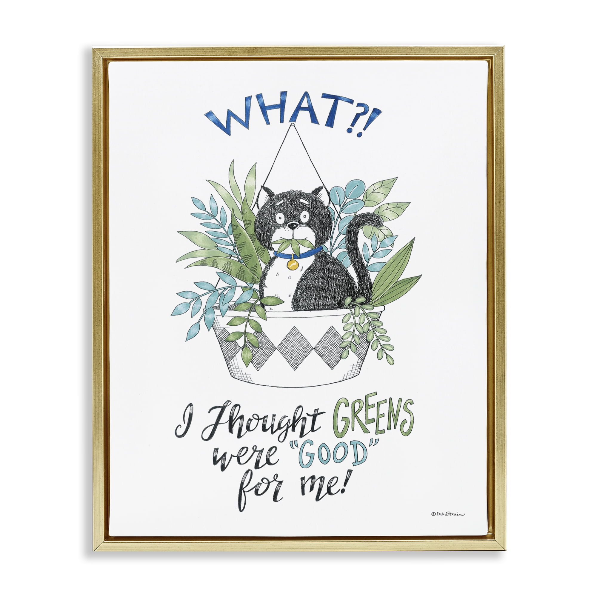Stupell Industries Funny Cat Eating Plant Animals Painting Gold Floater Framed Canvas Art Print Wall Art, 17 x 21